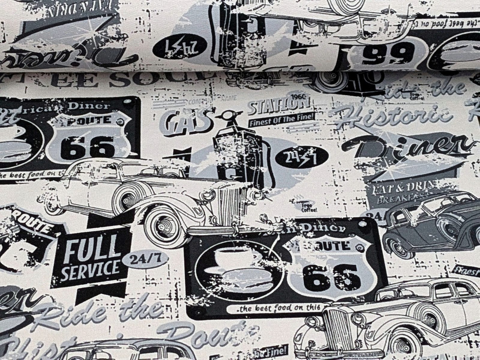 Thumbnail - Corileo Stoff French Terry Vintage Auto Gas Station Grau Stoff Meterware