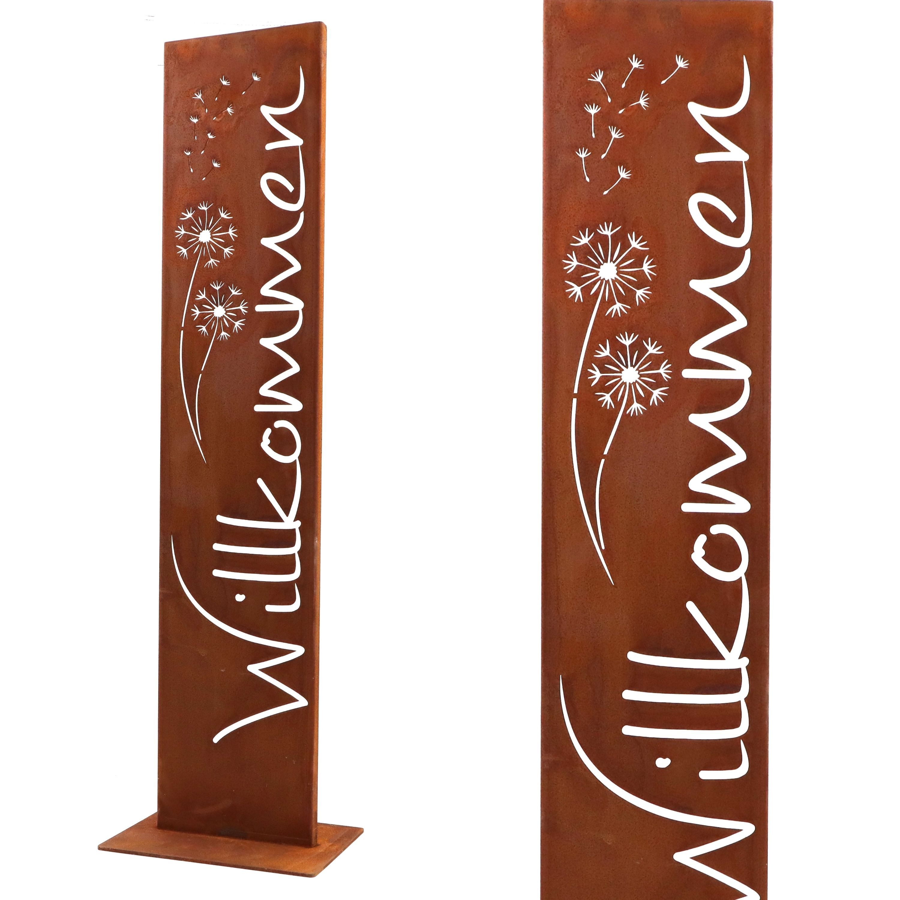 Rostikal Deko-Schriftzug Willkommen Stele Pusteblume Gartendeko Edelrost Cortenstahl, Dekorative Metallstele mit feinem Motiv, Gartenbereich & Eingangszone