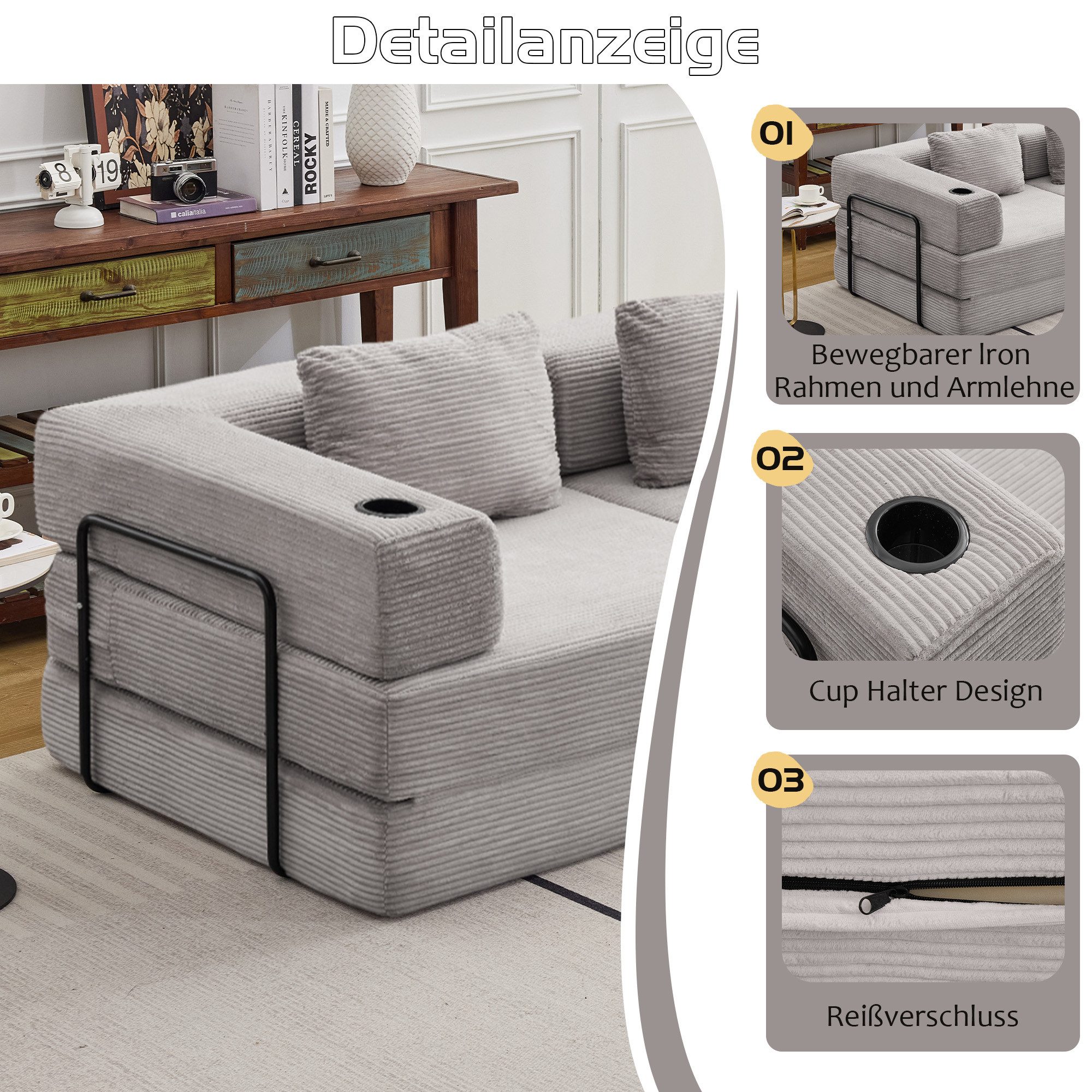 Leawin Sofa Sofas Wohnzimmer, Sofa mit Schlaffunktion aus Cord modular, Faltbar, flexibel, ohne Montage und ideal für kleine Räume