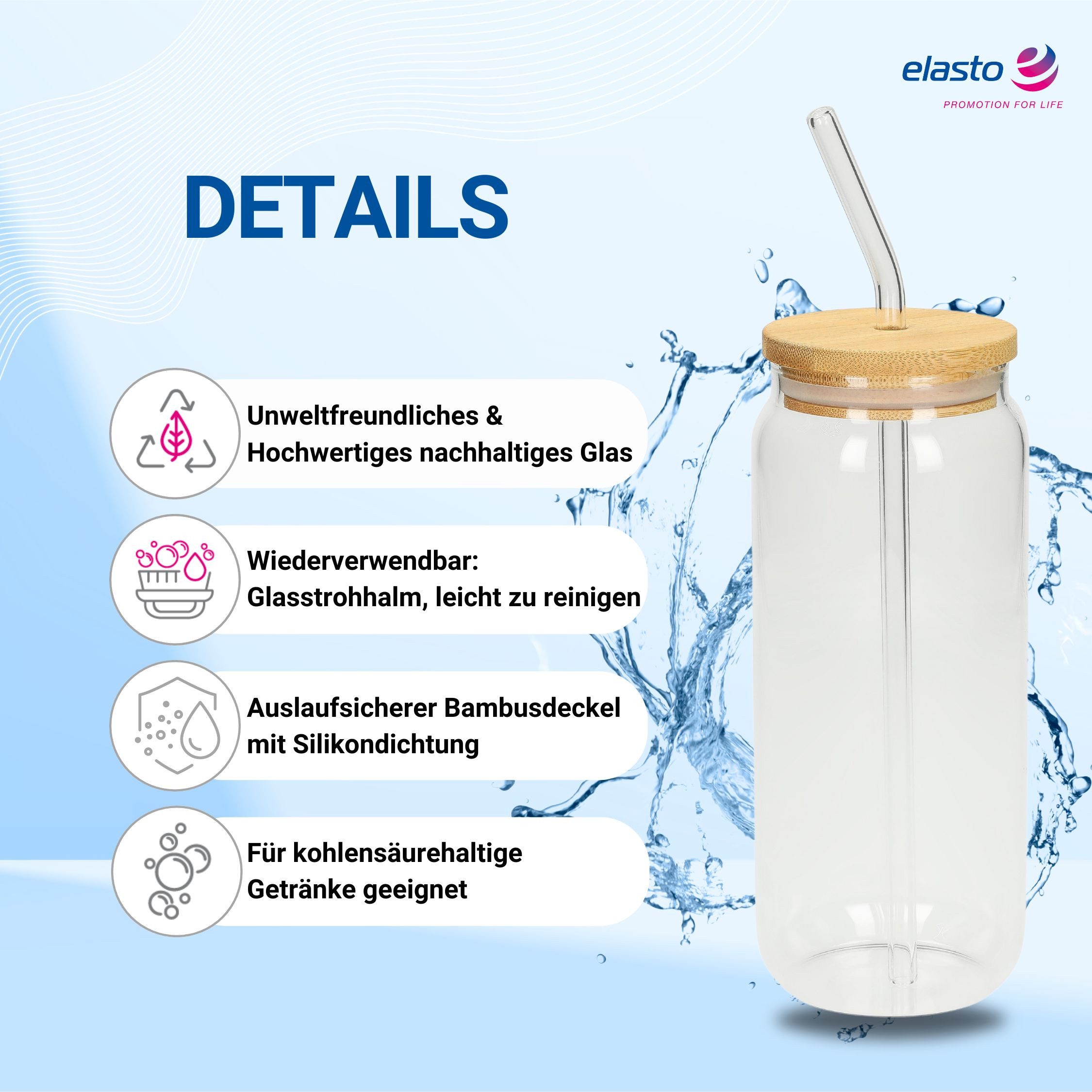 elasto Becher Trinkglas "Tropical" mit Strohhalm 675 ml natur – Bild 2 von 5
