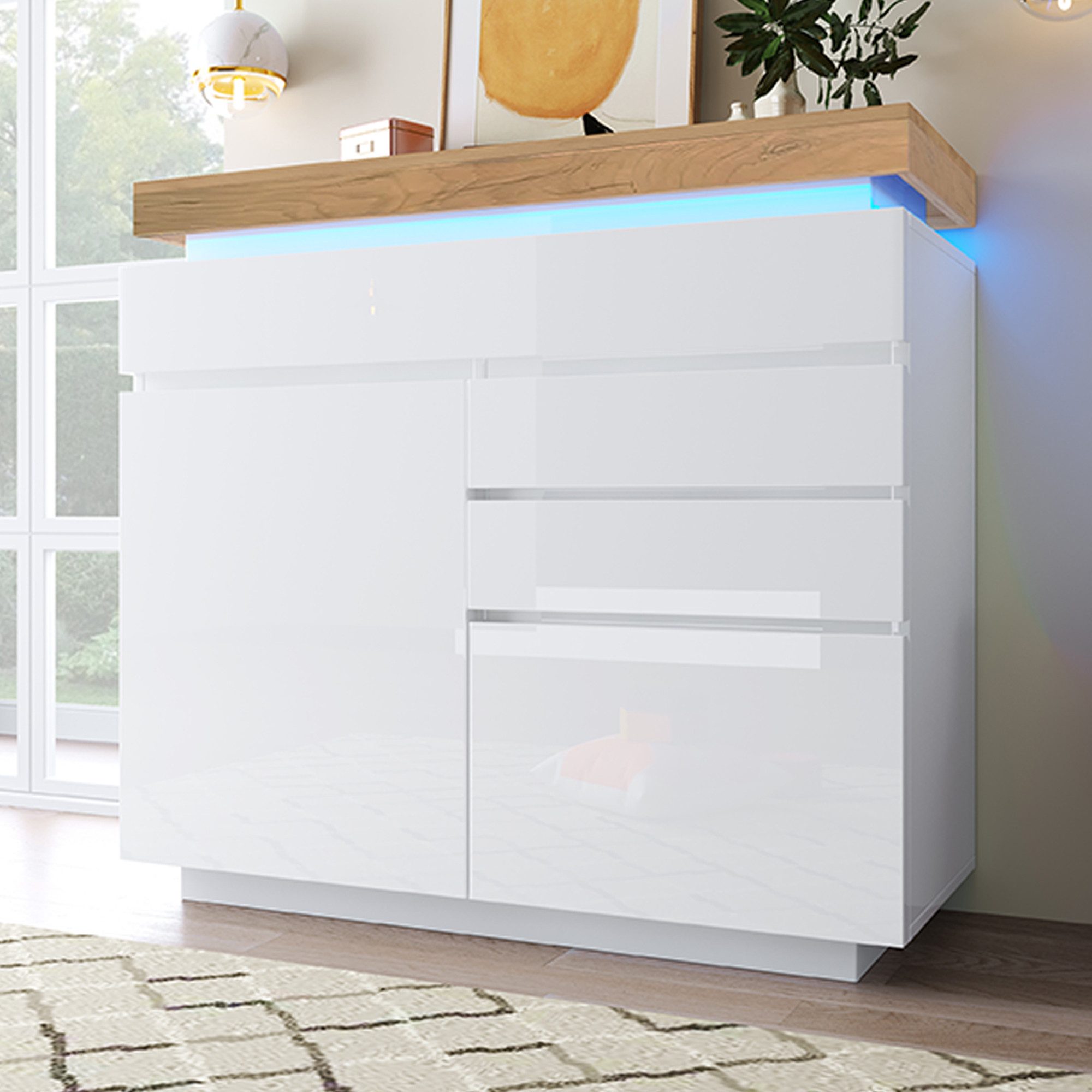MODFU Sideboard mit großen Stauraum (Hochglanz-Kommode, 1 St., 2 Türen und 3 Schubladen), mit LED-Beleuchtung, App- und Touch-Steuerung