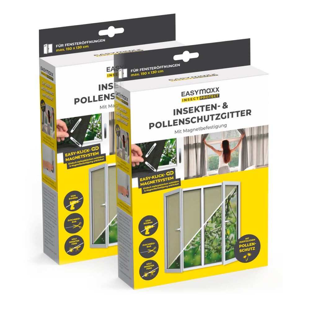 EASYmaxx Insektenschutz-Fensterrahmen Insect Protect Insekten- & Pollenschutzgitter 150 x 130 cm, (2-St), Moskitonetz zuschneidbar, Einfache Montage mit 12 Magneten