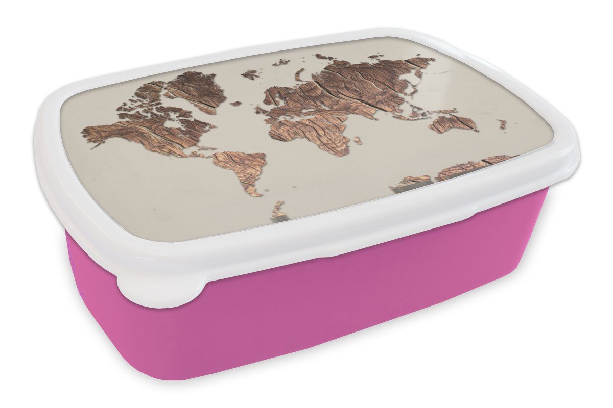 MuchoWow Lunchbox Weltkarte - Brotdose Snackbox, Mädchen, Holztafel Erwachsene, - Brotbox rosa Braun, Kunststoff Kinder, (2-tlg), für Kunststoff