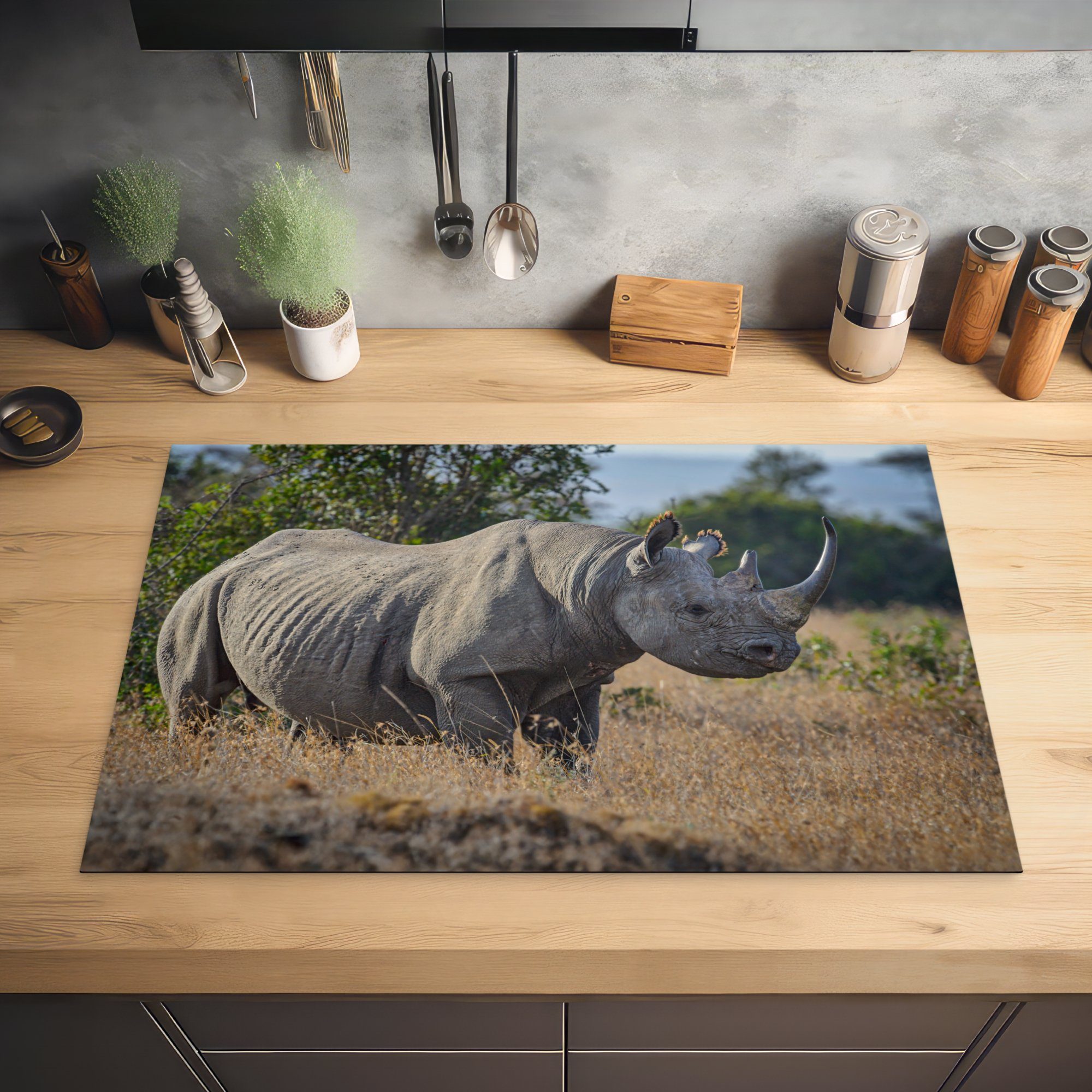 Induktionskochfeld Porträt Tiere, Rhinozeros Ceranfeldabdeckung tlg), 81x52 MuchoWow Herdblende-/Abdeckplatte die (1 für cm, küche, - - Vinyl, Schutz