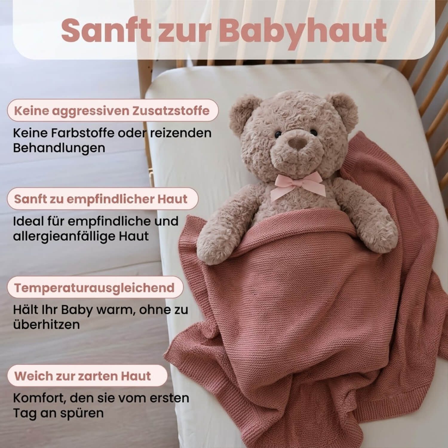Babydecke Baby Strickdecke, %100 Bio Baumwolle, Atmungsaktiv, 80x100cm, Rosa, Little Dedi – Bild 5 von 5
