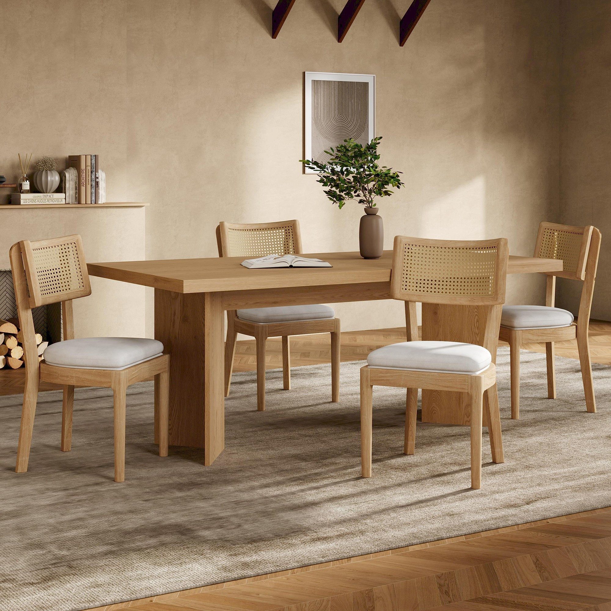 BlingBin Esszimmerstuhl 4er-Set Esszimmerstühle Polsterstühle mit Holzbeine (Esszimmerstühle, 4 St), mit Rattan-Rückenlehnen, für Esszimmer, Wohnzimmer, Cafés