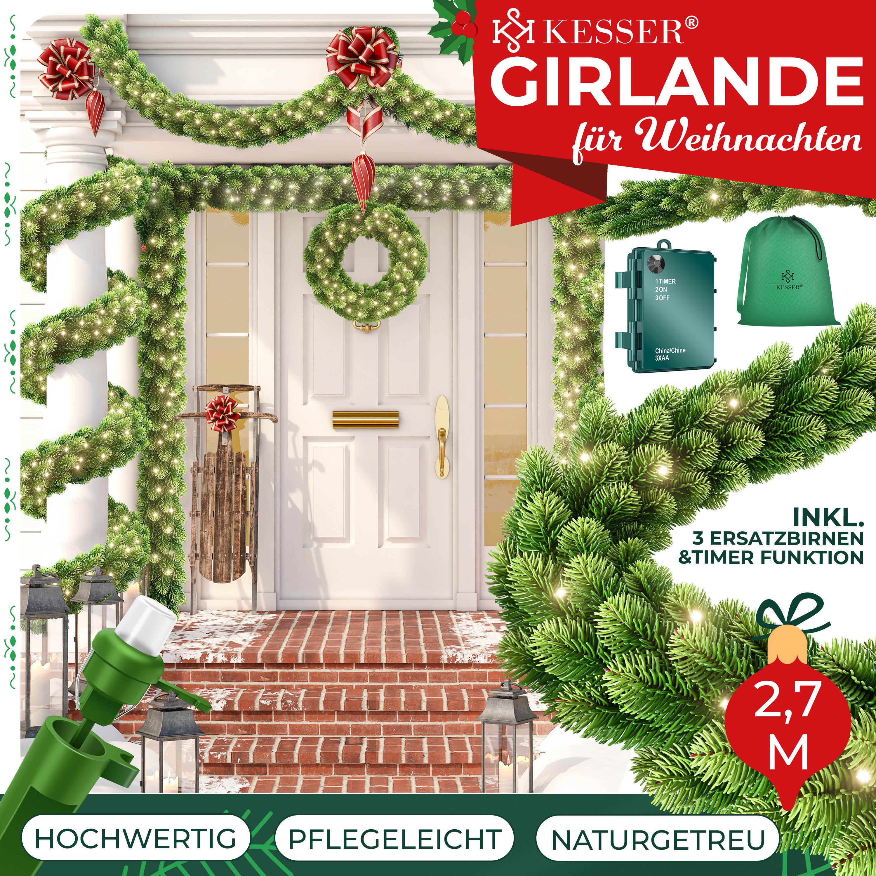 Kunstgirlande Weihnachtsgirlande 2,7m naturgetreue LED Girlande Weihnachtsd günstig online kaufen