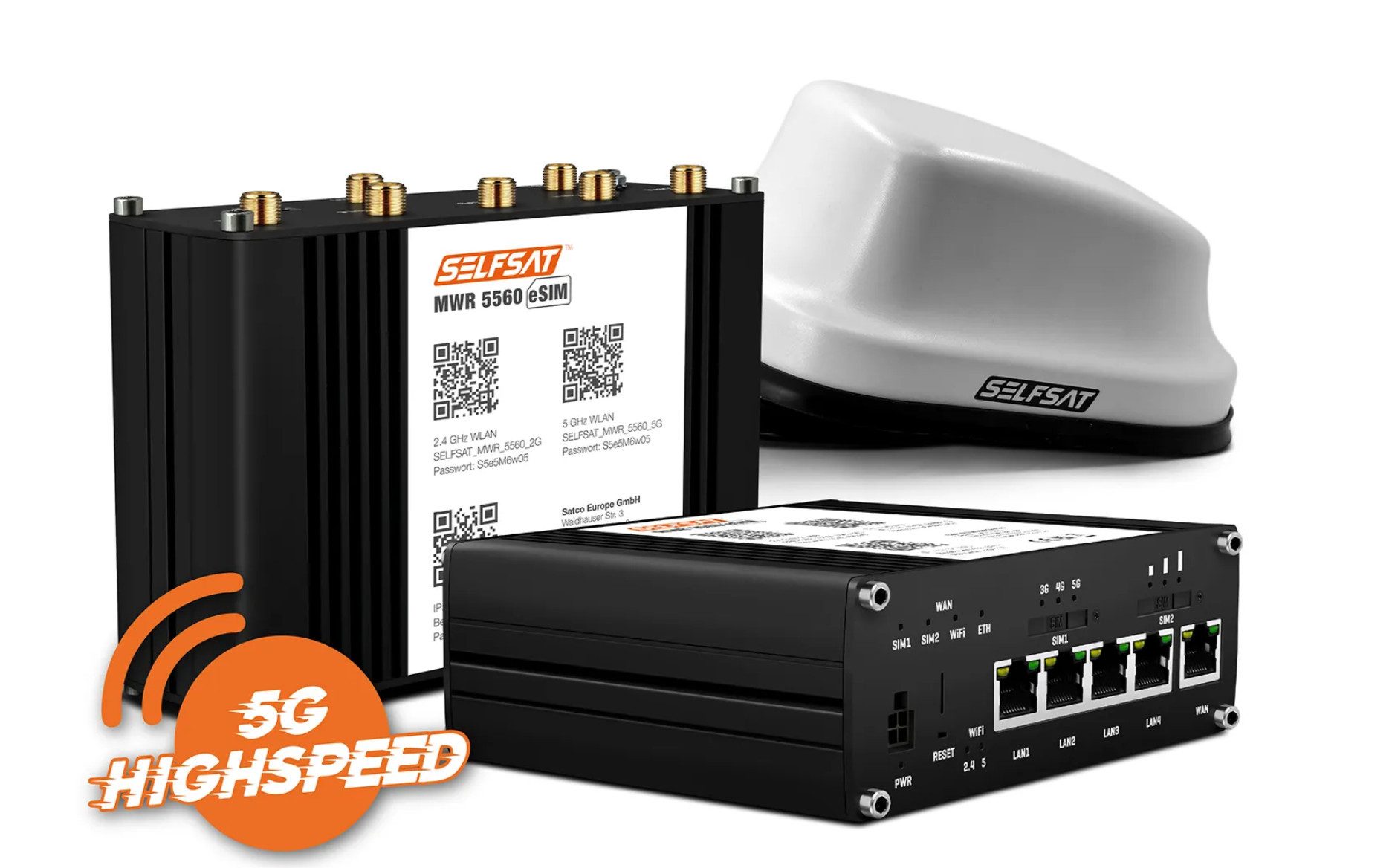 Selfsat MWR 5560 eSIM 5G Cat 20 WLAN Router bis 3,4 Gbps + SELFSAT 5G Antenne Mobilfunkantenne