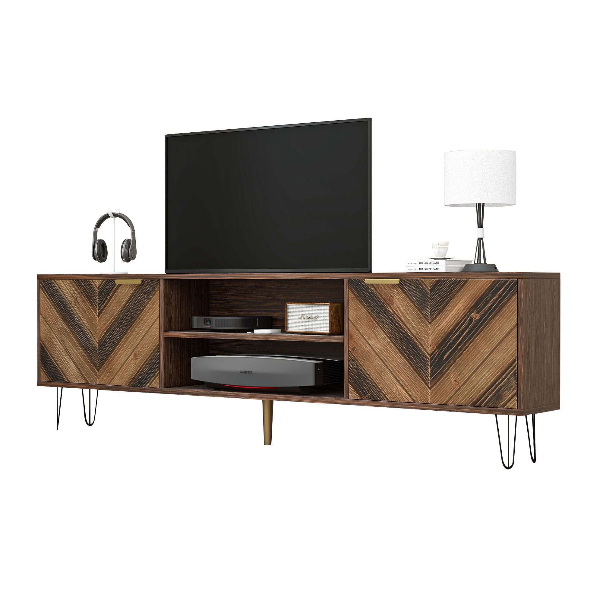 Merax Lowboard mit Fischgrätenmuster Dekor und Eisenfüße, TV-Schrank mit magnetischen Türen,Fernsehtisch,B/H/T: 160/48/38cm