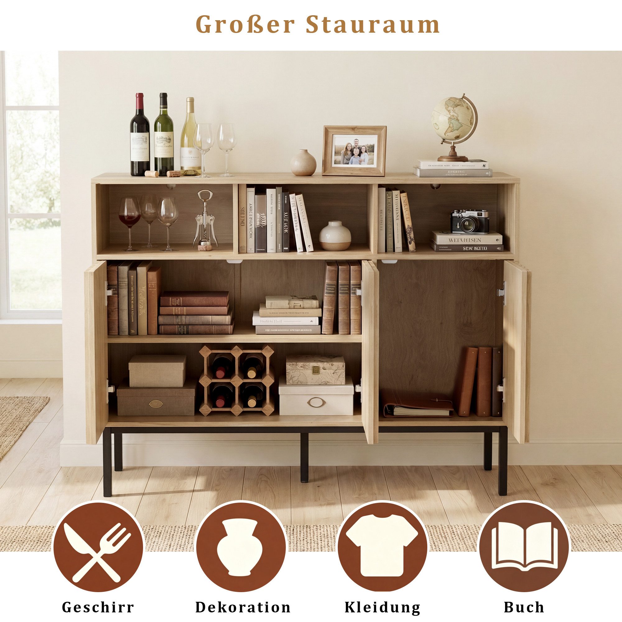 UEV Sideboard Küchenschrank mit 3 Türen & 3 offenen Fächern, Sideboard mit 3 Türen, 105 x 39 x 80cm