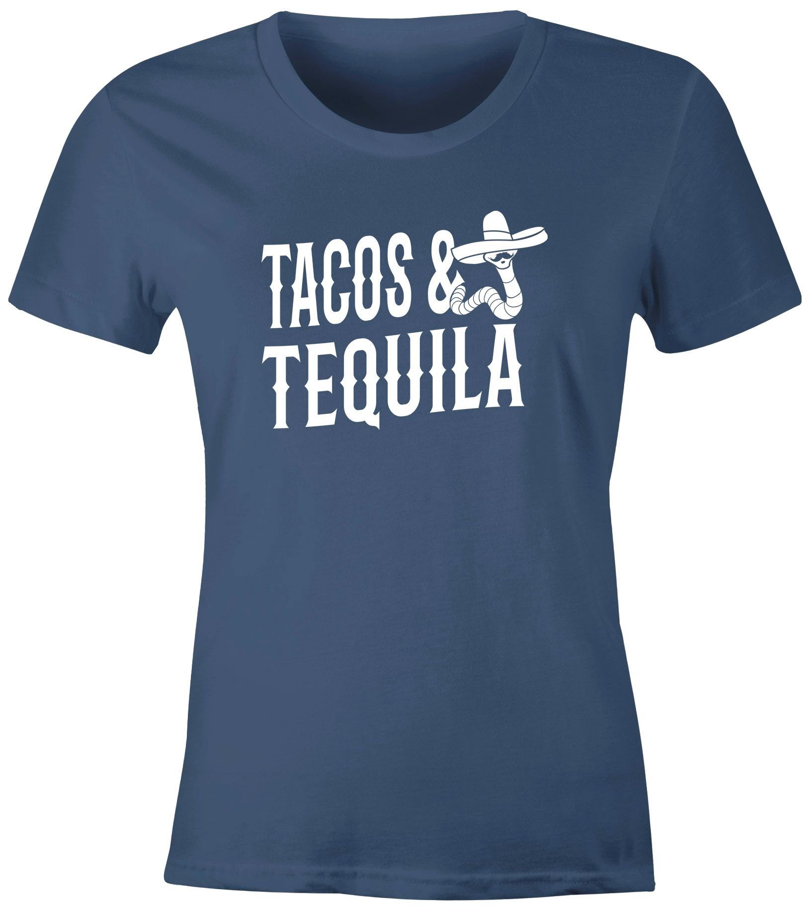 Print-Shirt Damen T-Shirt Tacos & Tequila Wurm Sombrero Tequilla Mexikanisch Party-Shirt Moonworks®