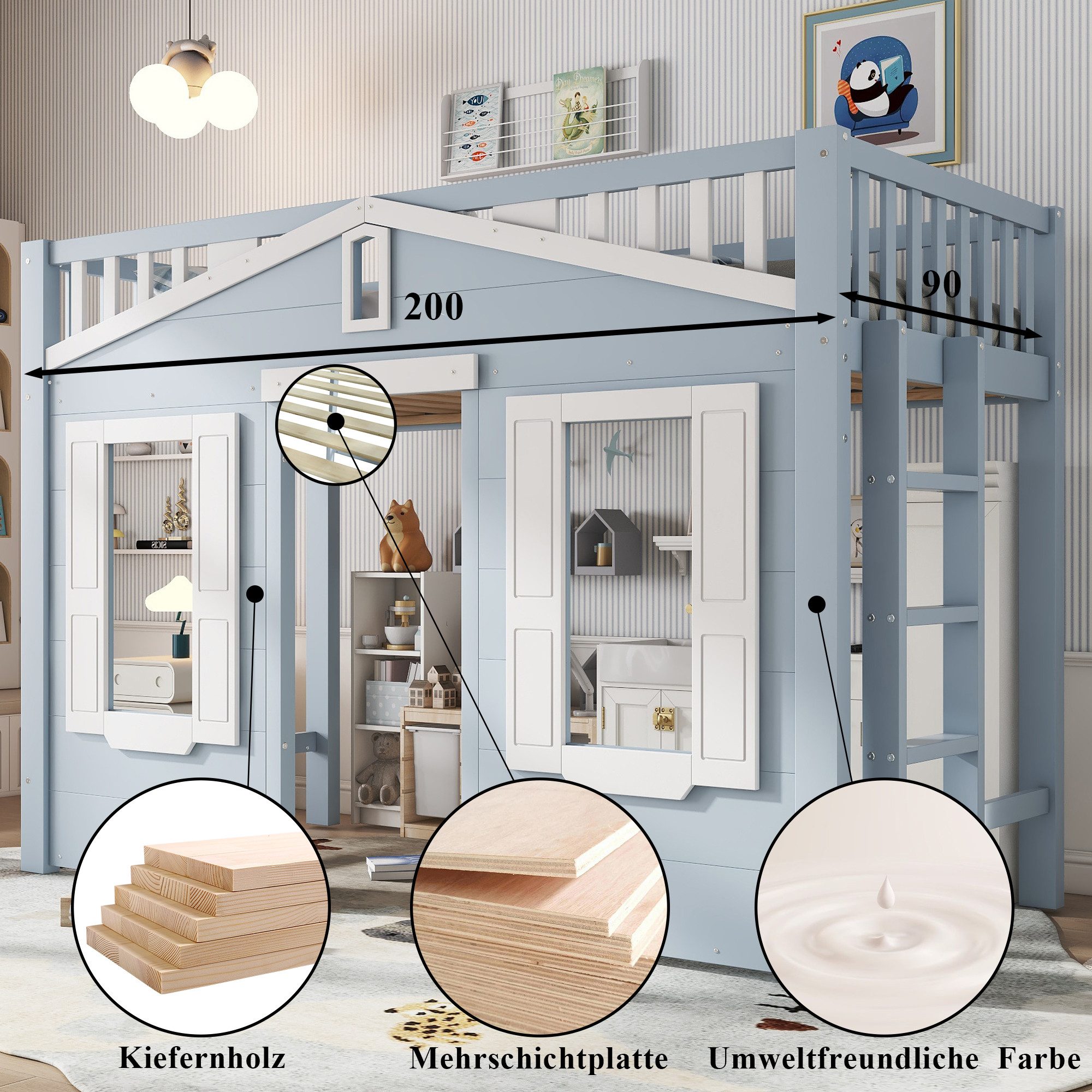 TavilaEcon Hochbett Kinderbett mit schöner Fenstergestaltung und stabilem Leiter (1-St) geeignet für verschiedene Kinderzimmerdekorationen, 90×200cm