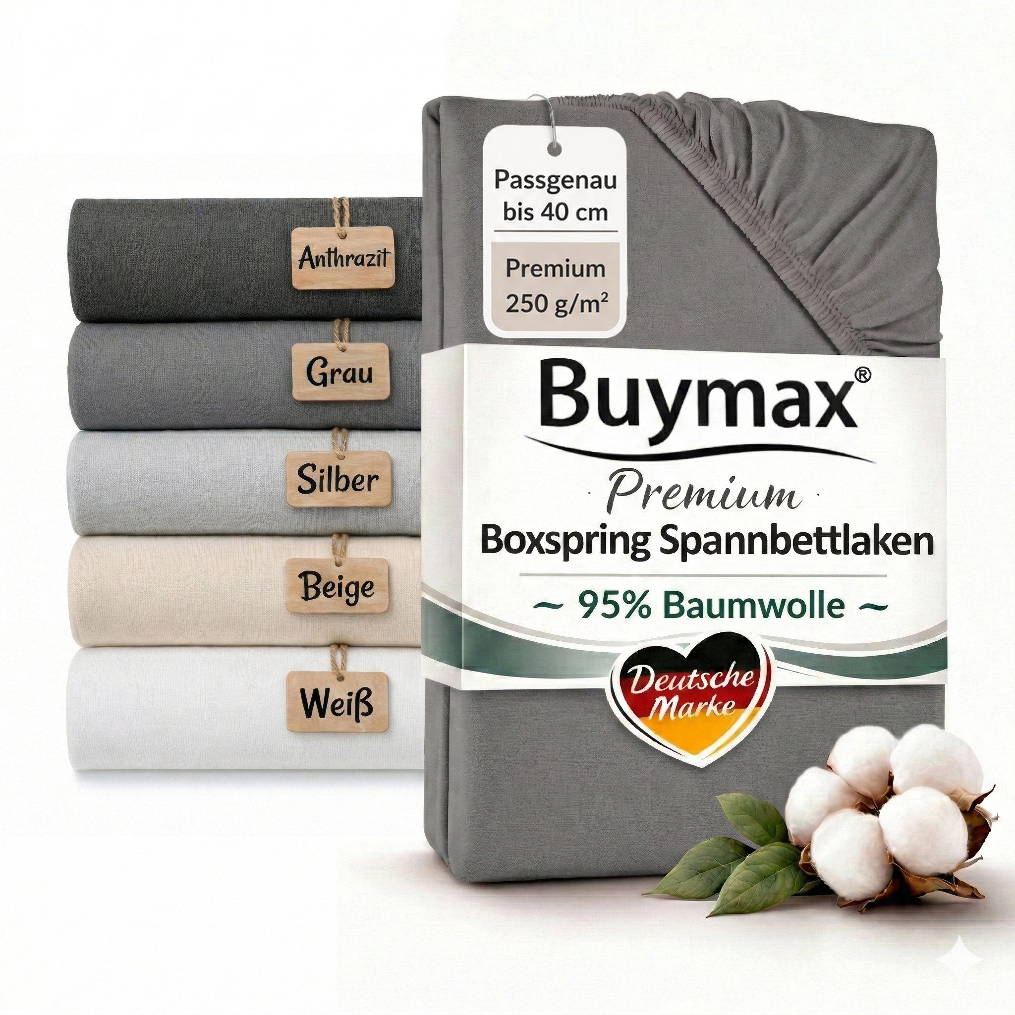 Buymax Spannbettlaken Premium Jersey für Boxspringbett, 95% Baumwolle, bis 35 cm, Jersey, Gummizug: Rundumgummi, (1 Stück), Premium Baumwolle Jersey 250g/m², weich & elastisch, bis 35cm Steghöhe