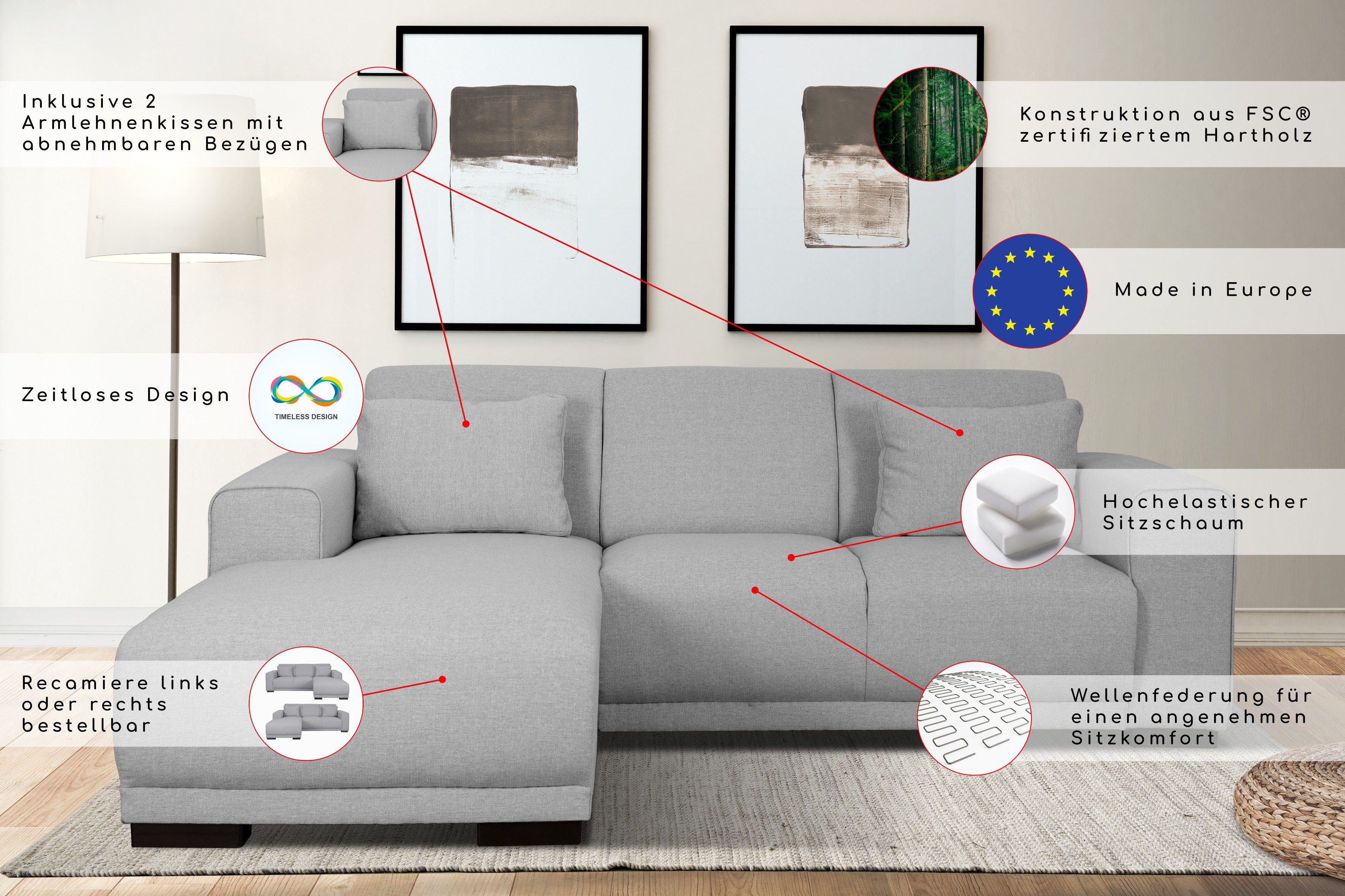 OTTO home Ecksofa BORNHOLM L-Form, B: 234 cm - OTTO. Verlässliche Qualität., Recamiere links oder rechts bestellbar, Wellenfederung, inkl. 2 Kissen
