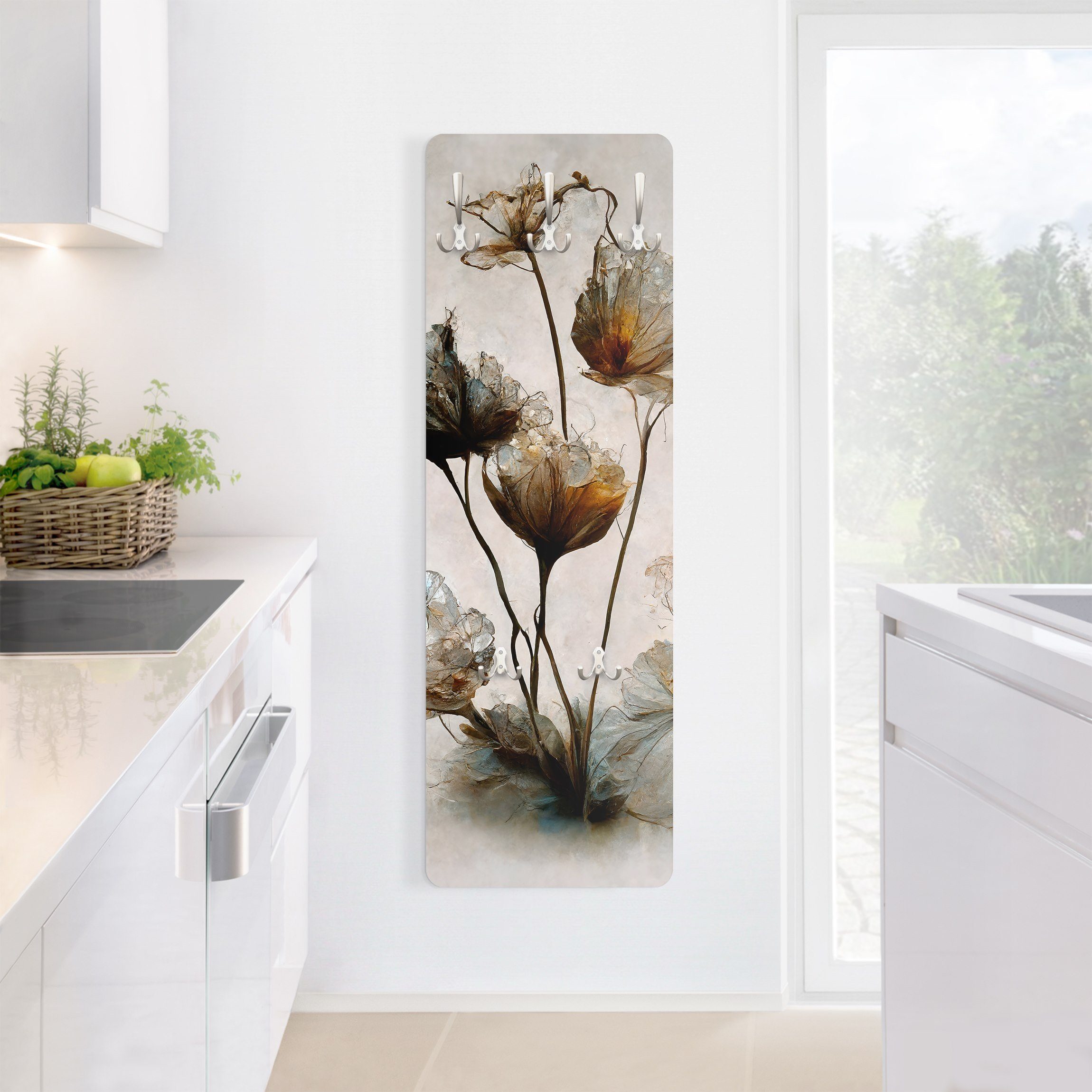 Bilderdepot24 Garderobenpaneel beige Blumen Floral Getrocknete Blüten Design (ausgefallenes Flur Wandpaneel mit Garderobenhaken Kleiderhaken hängend), moderne Wandgarderobe - Flurgarderobe im schmalen Hakenpaneel Design
