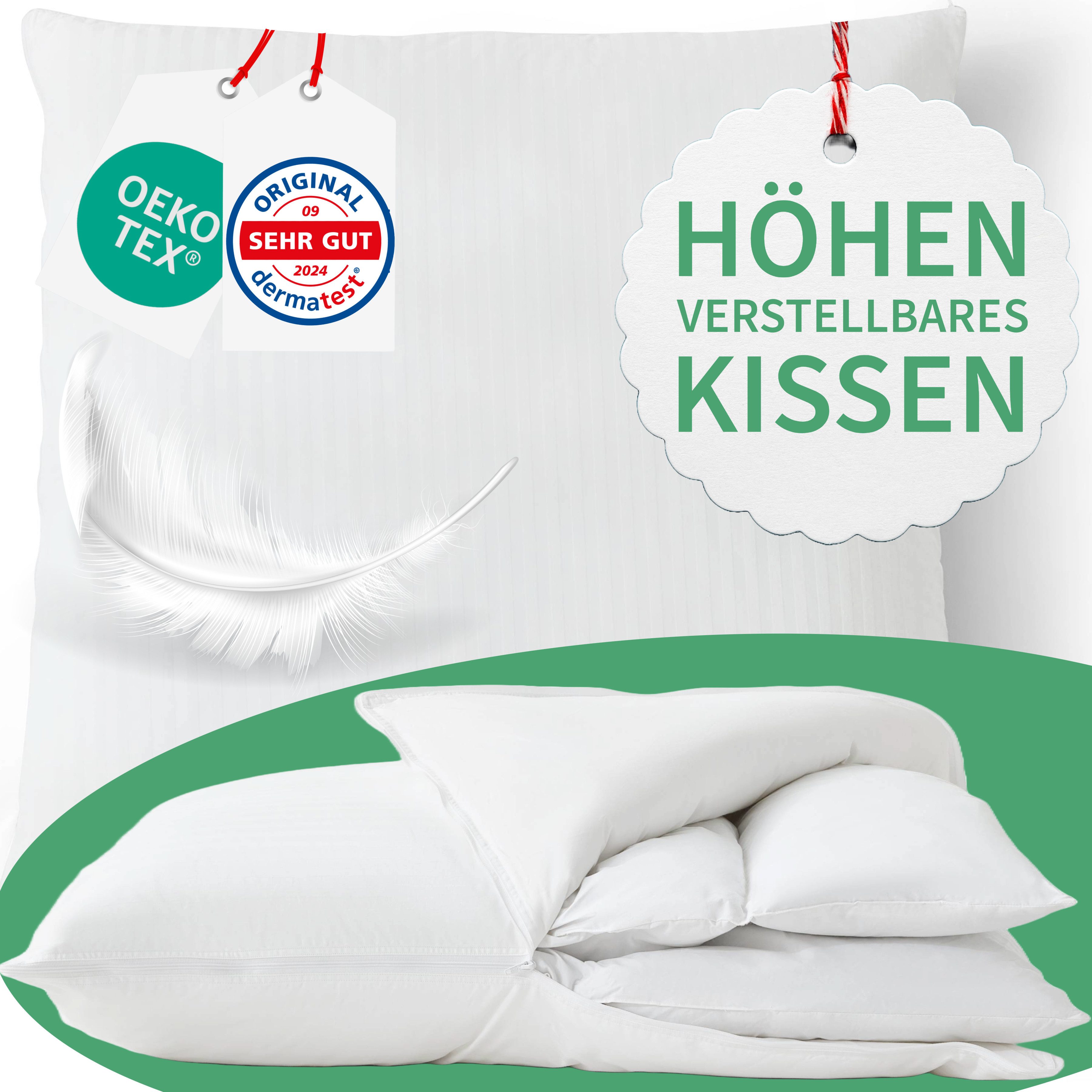 Welldora Kopfkissen Höhenverstellbar, Ergonomische Innovation: Anpassbar fest bis weich, Füllung: 100% Daunenfasern & Federn, Kissen fachärztlich geprüft, Oeko-Tex Zertifiziert in Deutschland