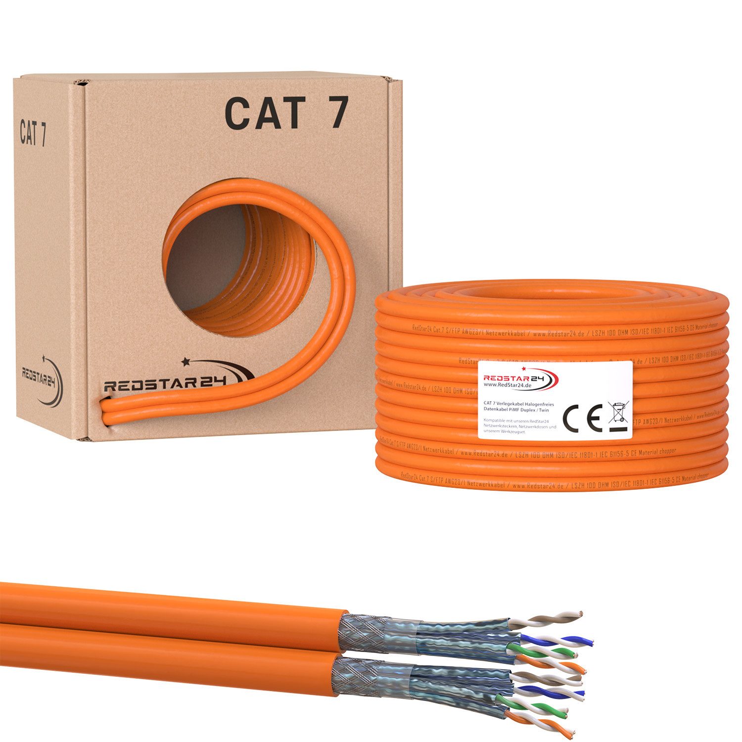 RedStar24 Cat.7 Netzwerkkabel Verlegekabel 1000 MHz S/FTP 50m Duplex Abrollbox Netzwerkkabel, (5000 cm)