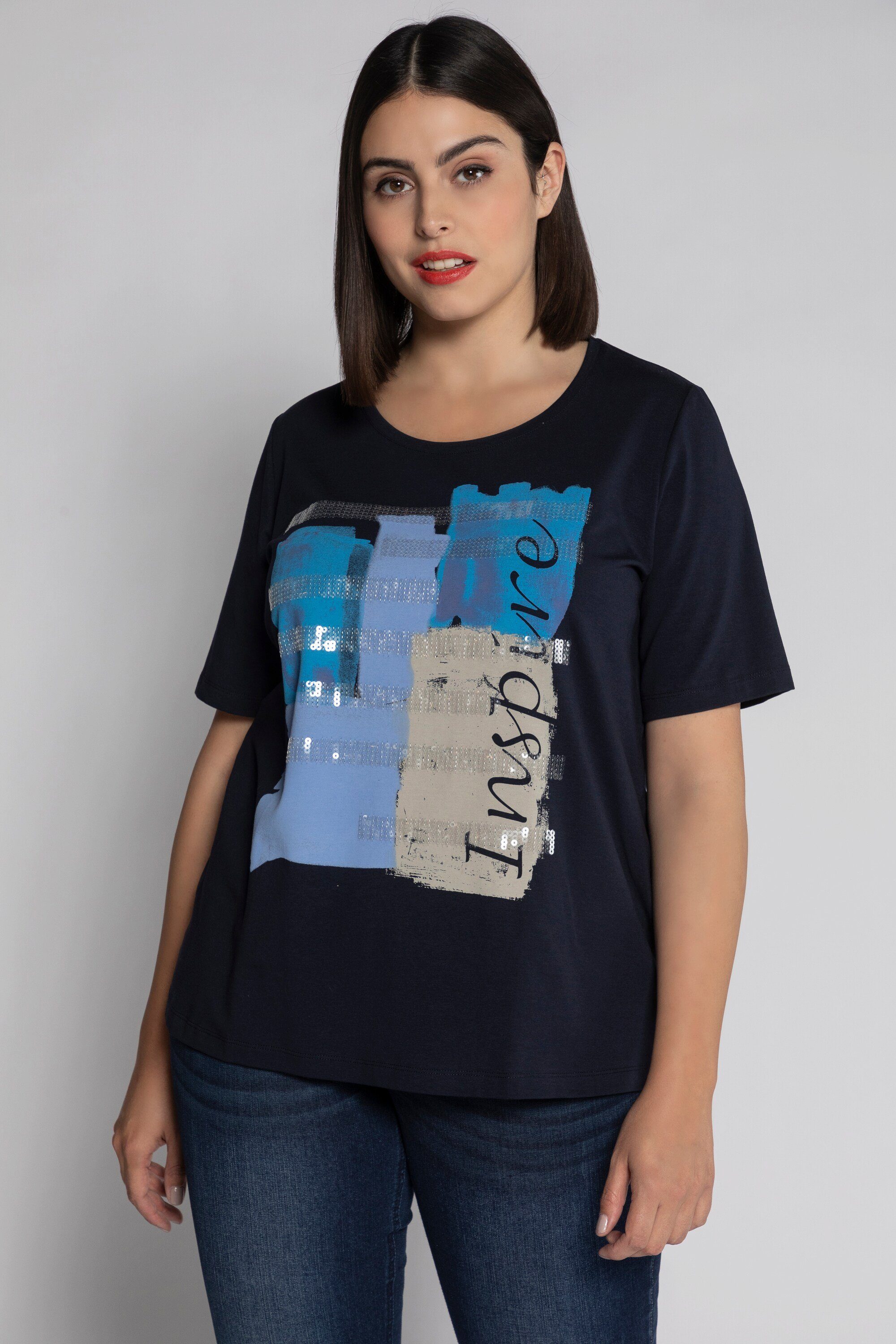 Ulla Popken Rundhalsshirt T-Shirt abstrakter Druck Classic Rundhals Halbarm marine