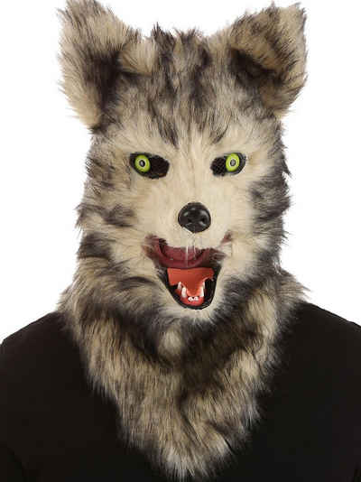 Elope Verkleidungsmaske Wolf Maske mit beweglichem Mund, Realitätsnahe Wolfsmaske mit Kunstfell und beweglichem Kiefer