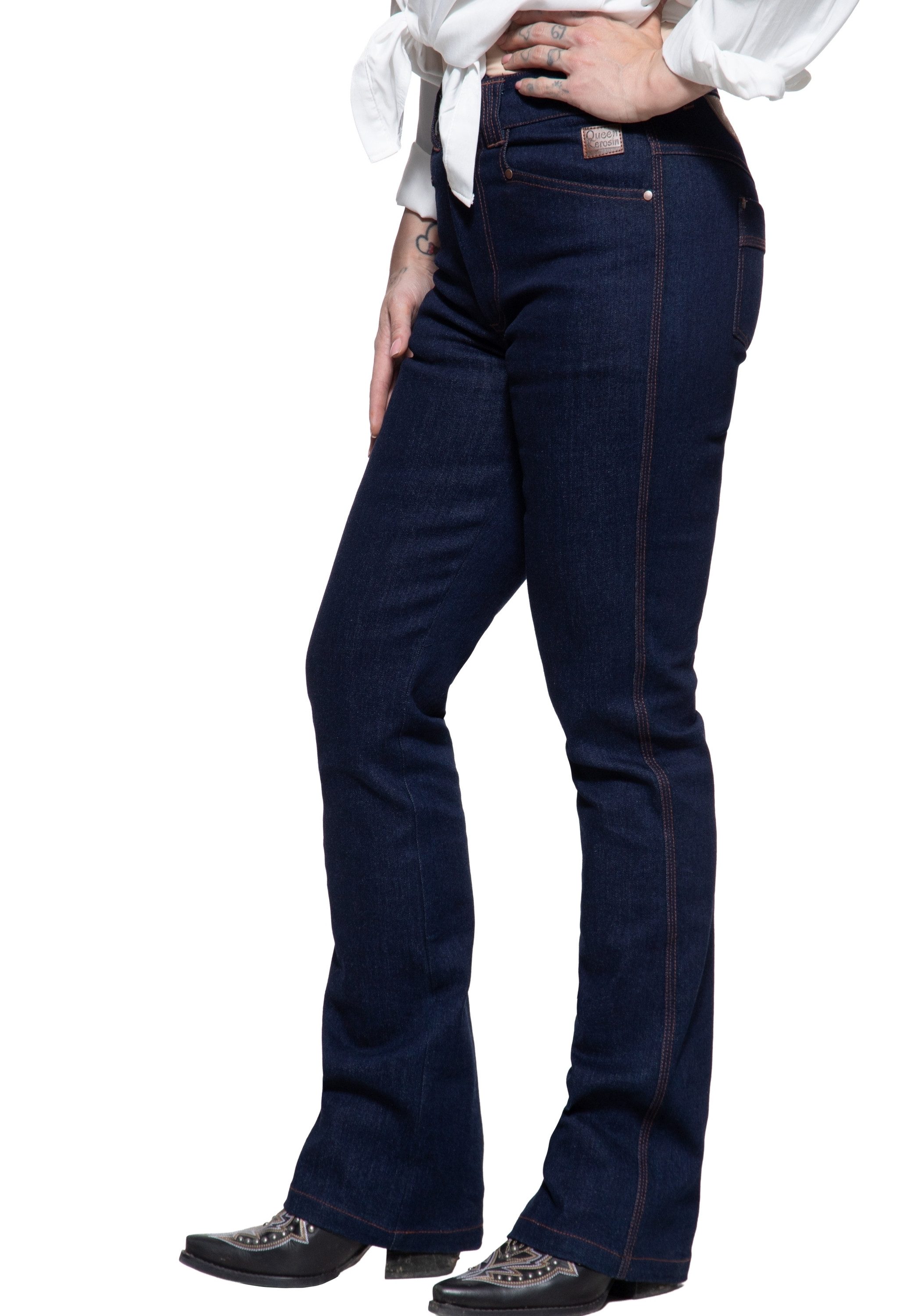 QueenKerosin Bootcut-Jeans Saddie mit Zierpasse in Leder-Optik