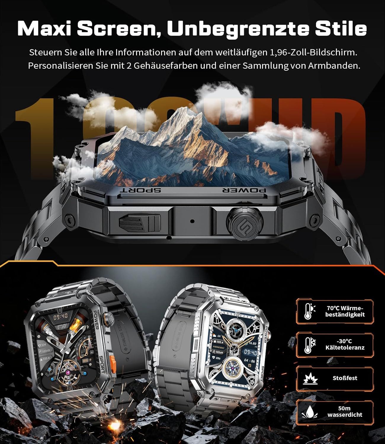 Zevelora Militär 400mAh 100+ Sportmodi 5ATM Wasserdicht mit Telefonfunktion Smartwatch (1.96 Zoll, Android/iOS), mit 3 Bänder 400mAh 100+ Sportmodi Telefonfunktion Metallarmband