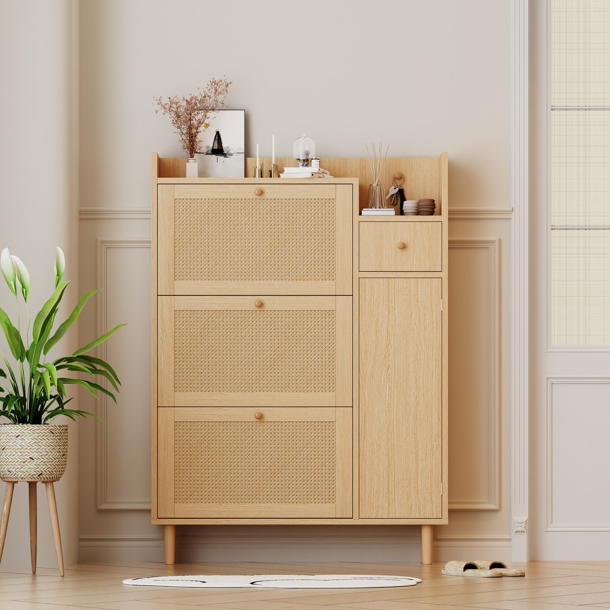 i@home Schuhkipper Holzwerkstoff Schuhschrank aus Rattan–geeignet für enge Eingänge (3 Kipp-Türen und 1 Schublade–mit Massivholzbeinen und Griffen, B90/H125/T17 cm), Platzsparend, Rattan-Design, Großer Stauraum