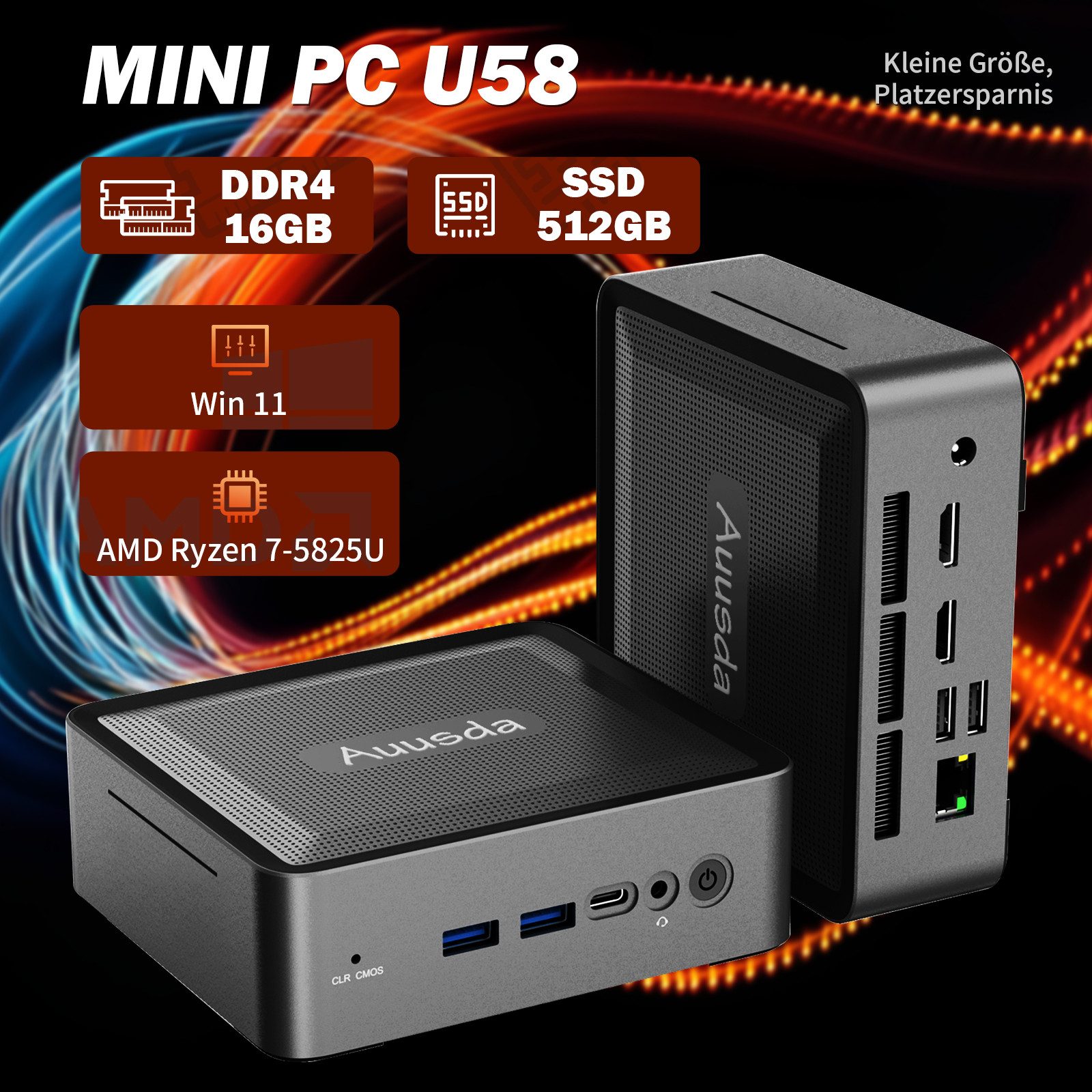 Auusda U58 Mini PC mit 8 Kerne und 16 Threads Mini-PC (AMD Ryzen 7-5825U, 16 GB RAM, 512 GB SSD, mit zwei USB 3.0-Anschlüsse und zwei USB 2.0-Anschlüsse)