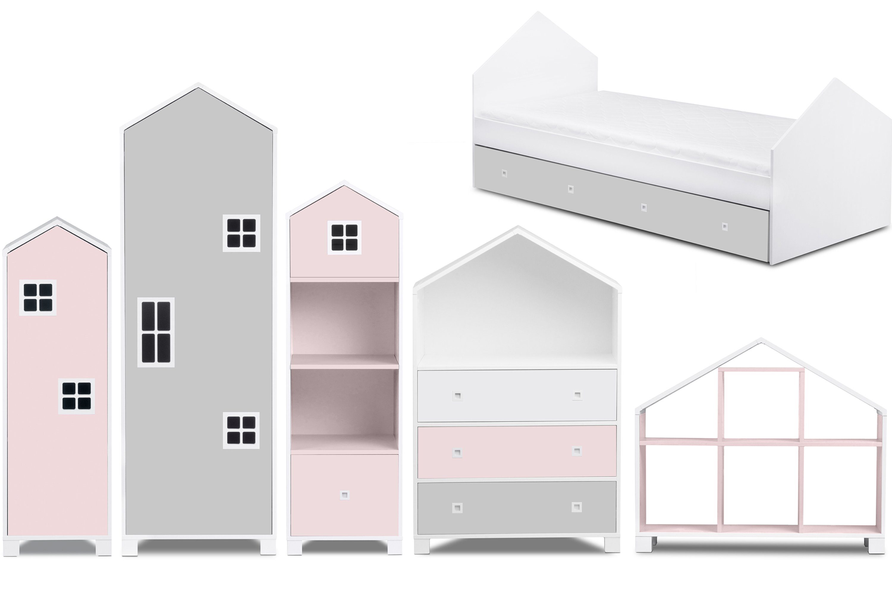 Konsimo Babyzimmer-Komplettset MIRUM Kinderzimmer-Möbelset Komplett-Kinderzimmer, (6-St), Kommode, 2x Kleiderschrank, 2x Bücherregal, Bettgestell weiß / grau / rosa
