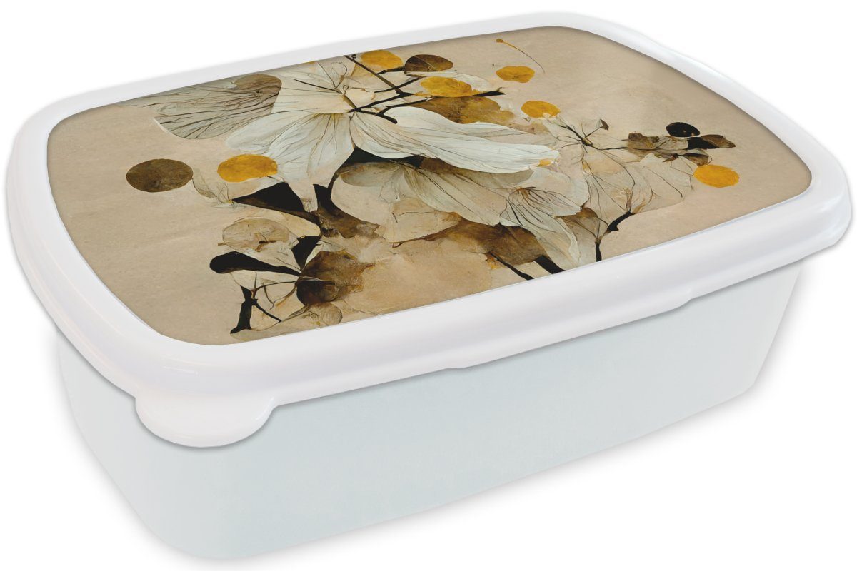 Mädchen - Brotbox weiß Erwachsene, Blumen - Kunststoff, (2-tlg), und und Kinder Lunchbox Brotdose, Pflanzen Gold für - Jungs MuchoWow für Vintage,