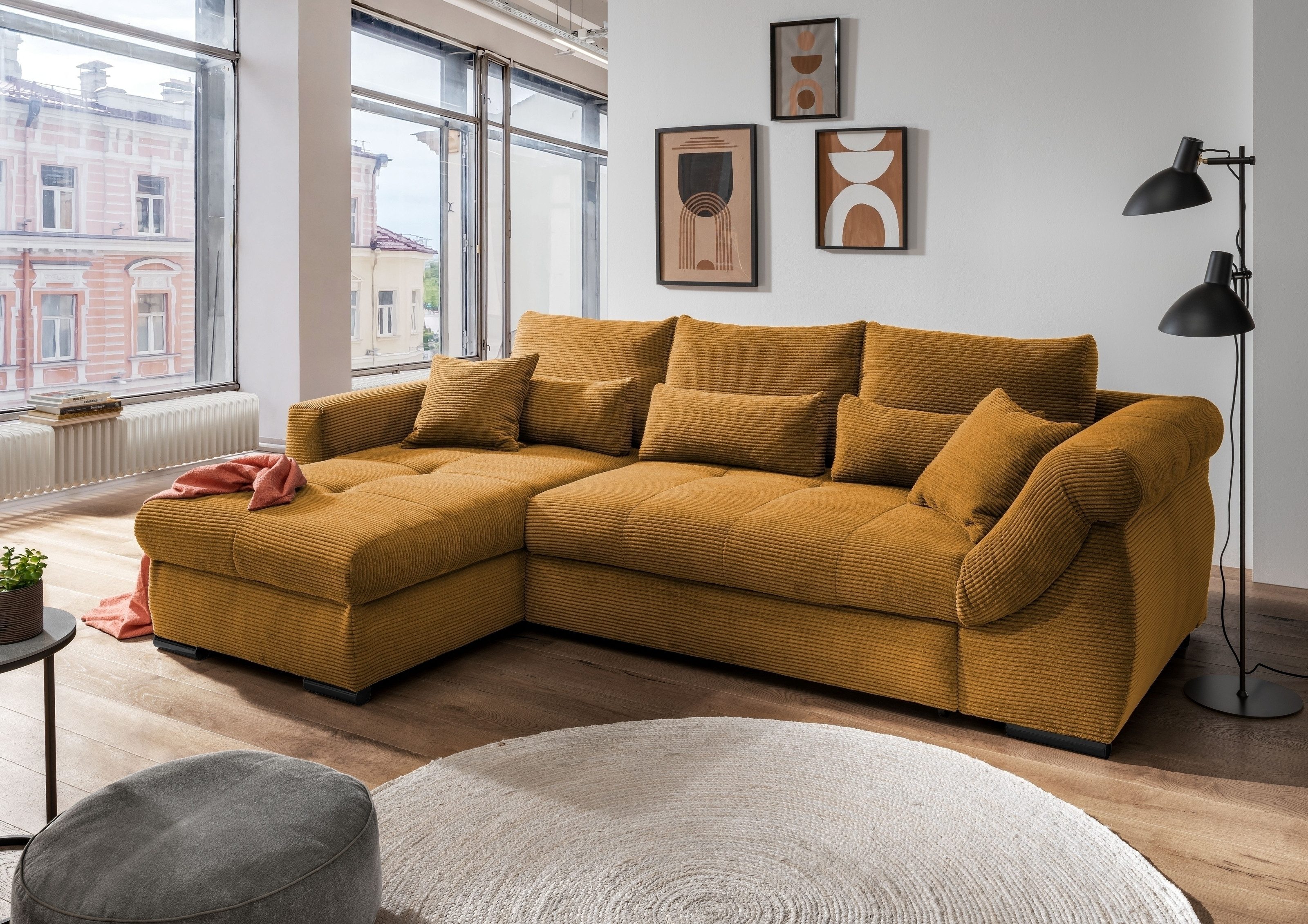 freiraum Polsterecke Felicia, Schlaffunktion, Stauraum, Cord gold - 302x89x188cm (BxHxT)