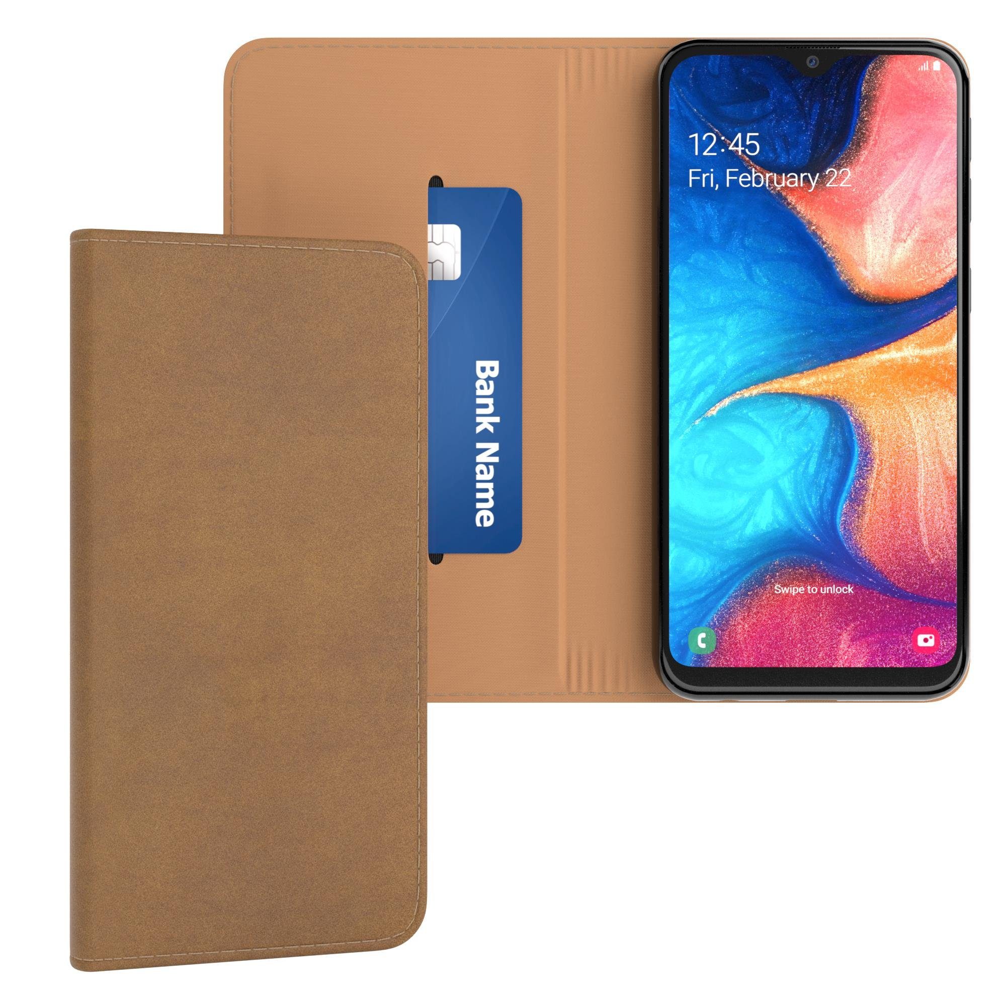 EAZY CASE Handyhülle Bookstyle Vintage für Samsung Galaxy A20e 5,8 Zoll, Tasche Kunstleder Etui Handytasche mit Standfunktion Hülle Hellbraun