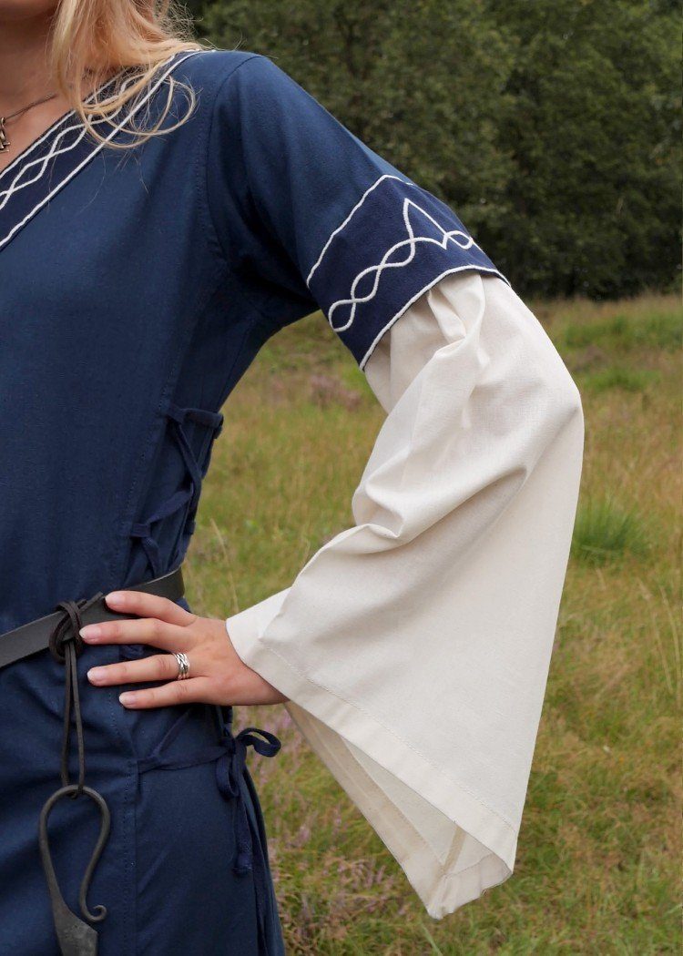 Battle Merchant Ritter-Kostüm Hochmittelalterkleid Alvina mit Trompetenärmeln Blau/Natur Größe M