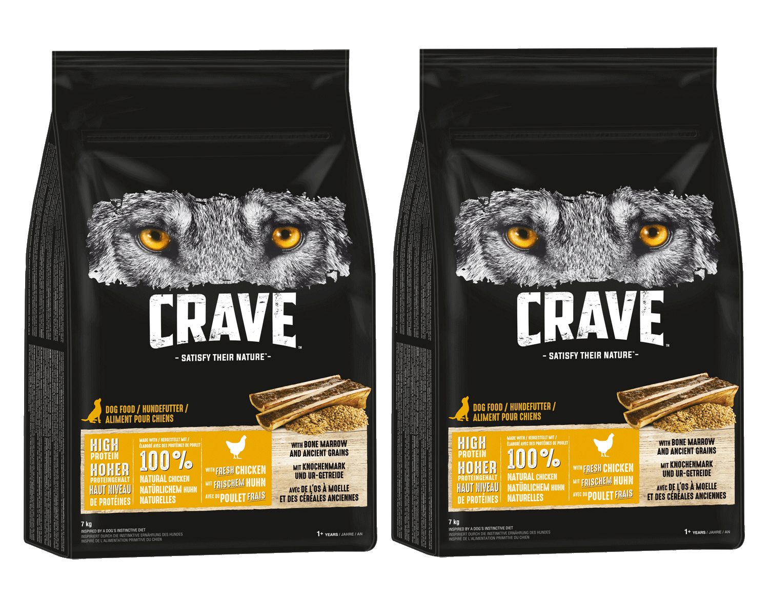 CRAVE CRAVE™ Hund Beutel mit Huhn, Knochenmark und Urgetreide 2 x 7kg, Trockenfutter für: Hunde