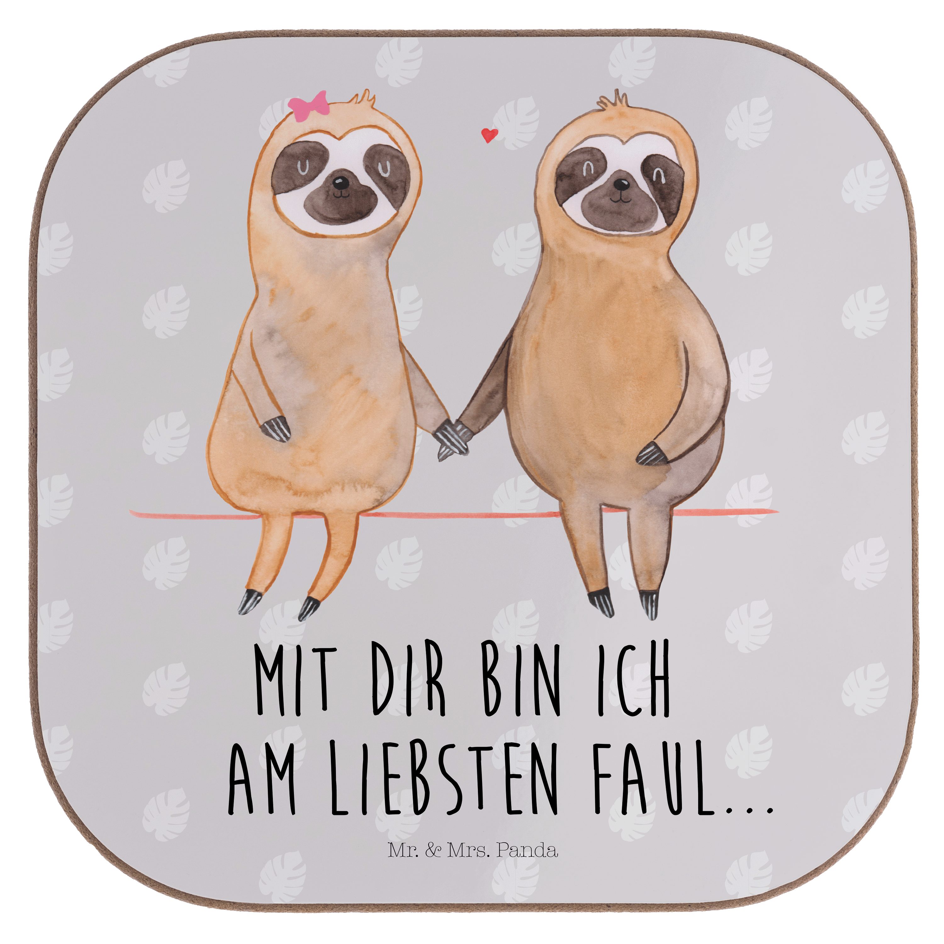 Mr. & Mrs. Panda Getränkeuntersetzer Faultier Pärchen - Grau Pastell - Geschenk, Faultierpärchen, verliebt, 1-tlg., Handgezeichnete Motive