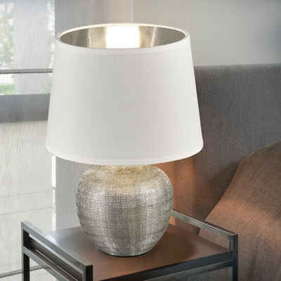 etc-shop LED Tischleuchte, Leuchtmittel inklusive, Warmweiß, Schreib Tisch Leuchte Keramik Wohn Zimmer Textil Lampe silber-weiß im-