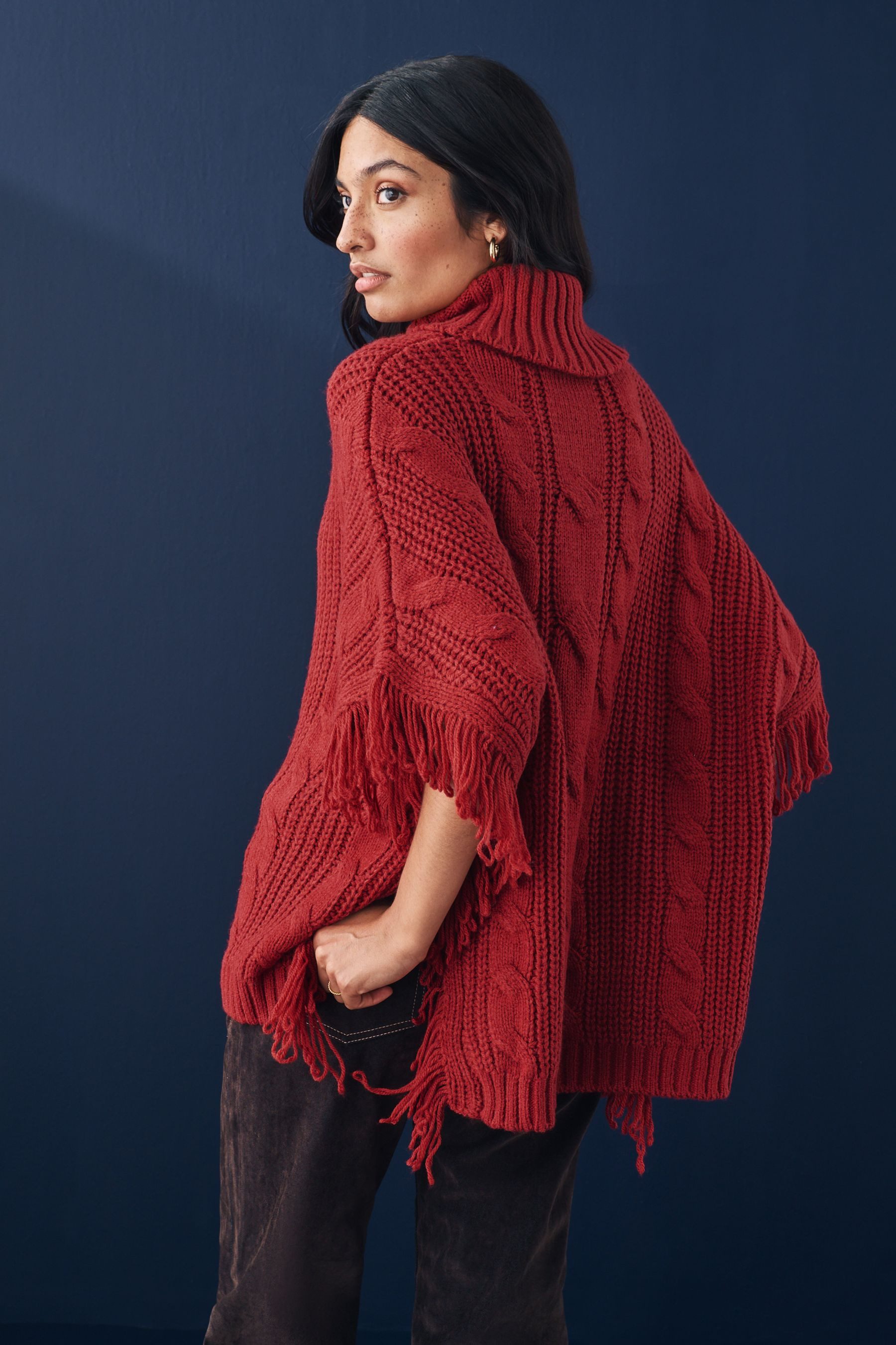 Next Strickponcho Cape-Strickjacke mit Rollkragen, Fransen günstig online kaufen