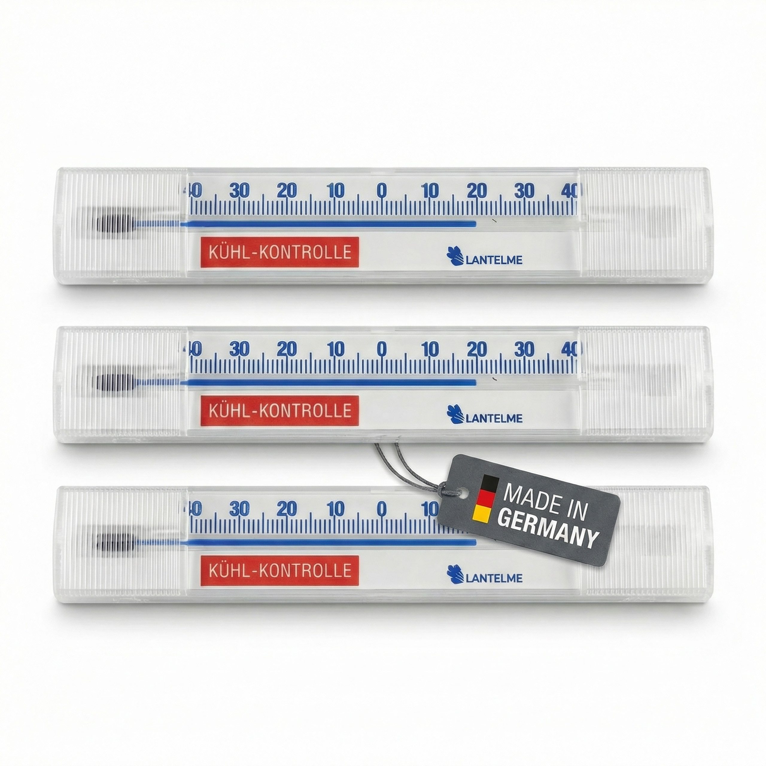 Lantelme Kühlschrankthermometer 3 Stück Set Waagrecht Selbstklebend Gefrierschrank Thermometer, 3-tlg., Temperatur + - 40°C Analog, Deutsche Herstellung