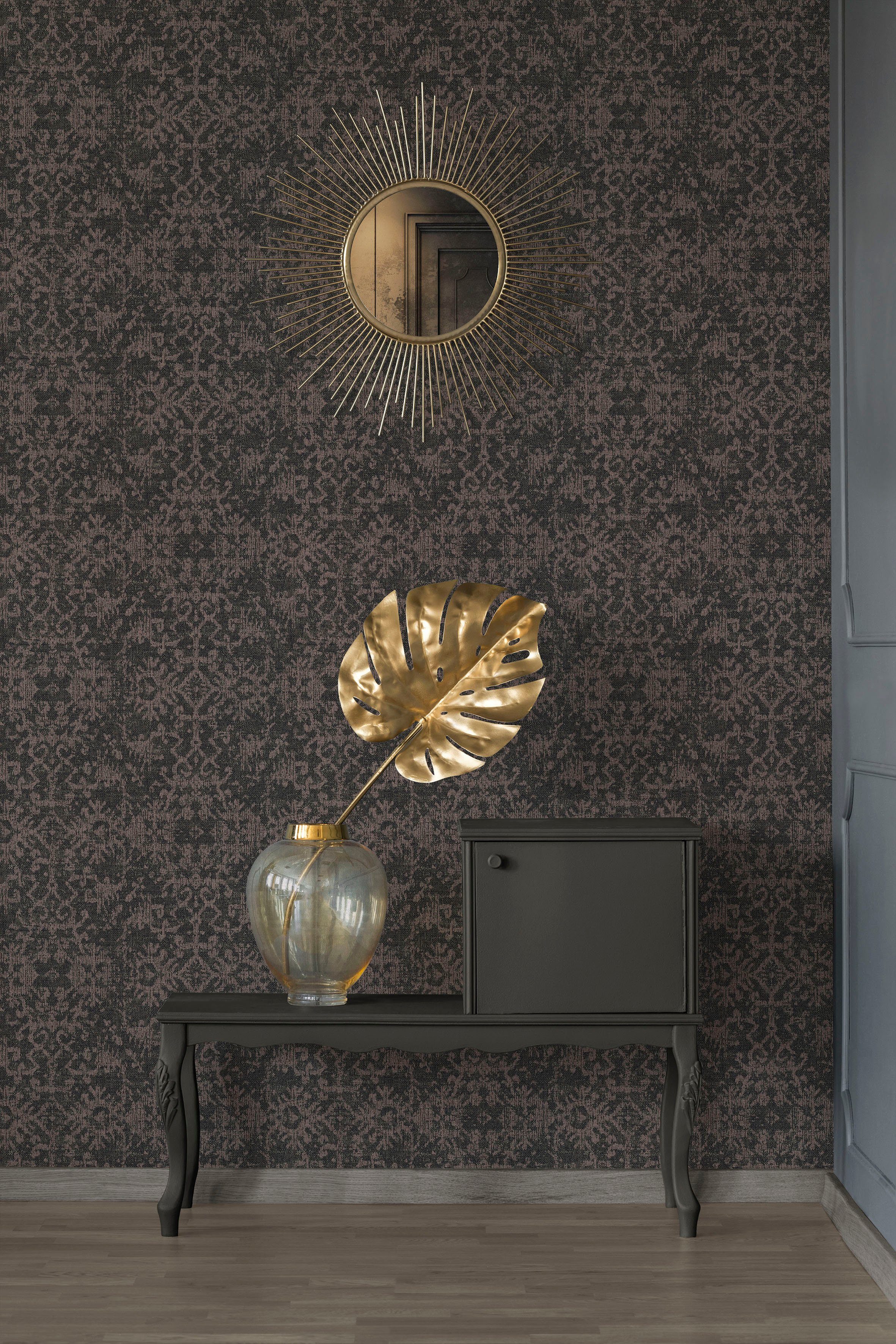 walls Tapete schwarz/bronzefarben Ethno Lodge, Ethnomuster, Desert living ornamental, strukturiert, Barock, Vliestapete