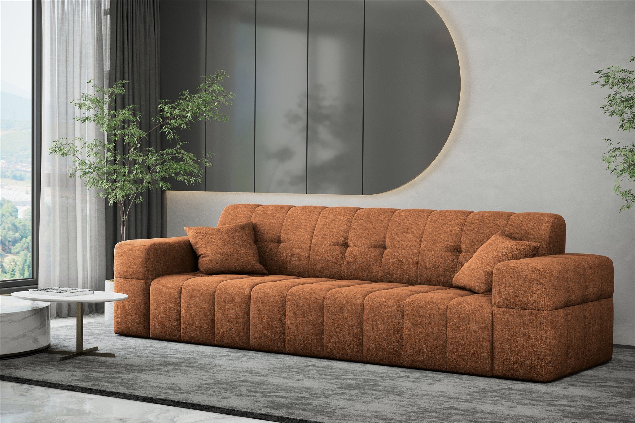 Fun Möbel Sofa Sofa Designer-Sofa NANCY 3-Sitzer in Stoff Harmony, Rundumbezug Caramel