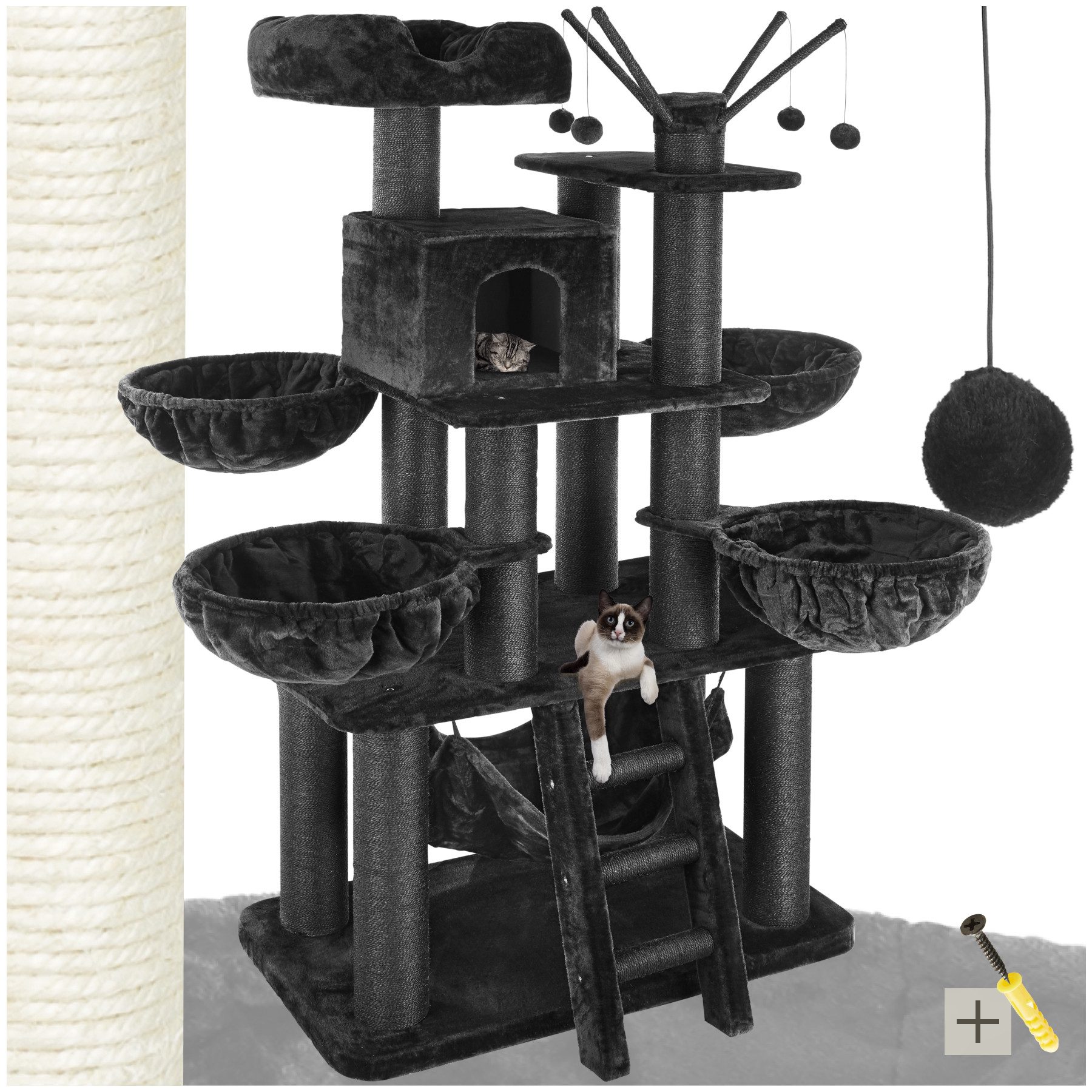 tectake Kratzbaum Katzenbaum Gismo 195 cm Diverse Farben (Schwarz), Vielseitig mit robusten Sisalstangen und Plüschoberfläche