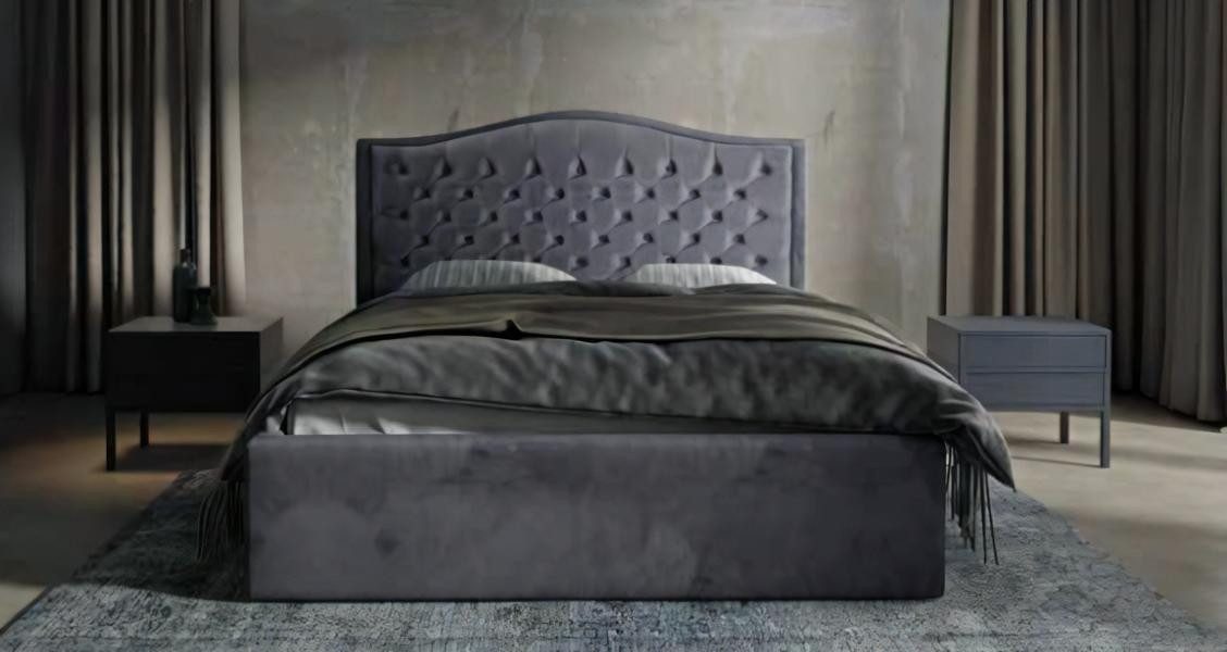 JVmoebel Polsterbett Elegantes Chesterfield Bett mit grauer Matratze und Holzakzenten (1-tlg., Bett), Made in Europa