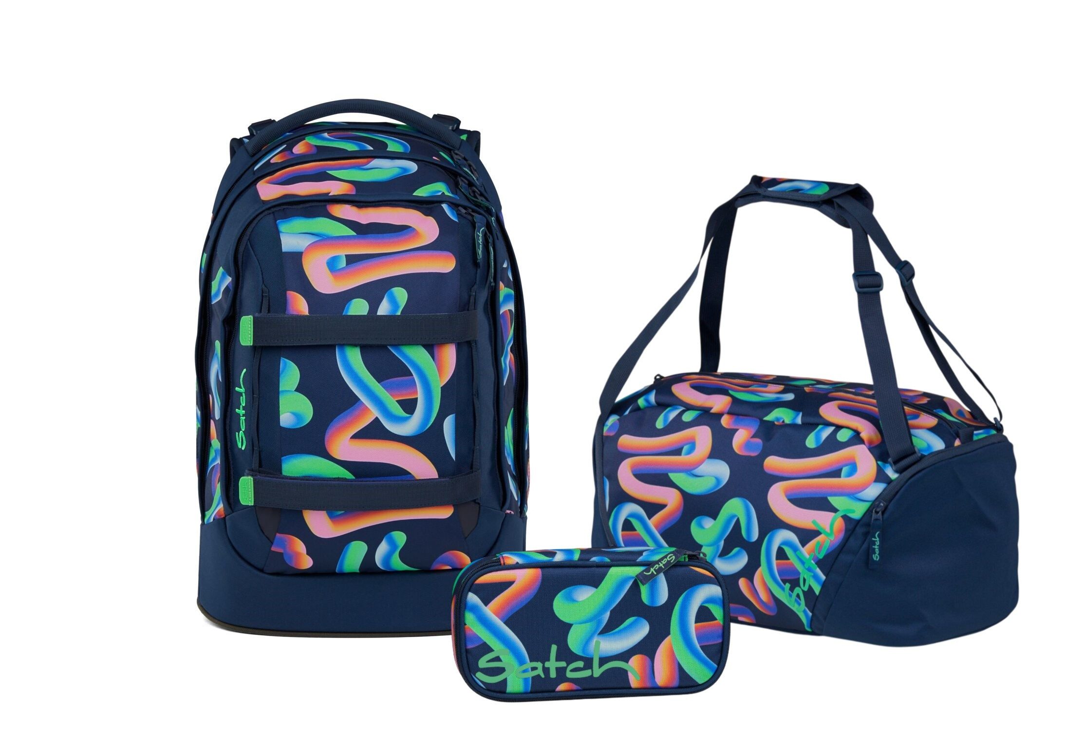 Satch Schulranzen Schulrucksack-Set PACK Crazy Twist 3-teilig (3-teilig), ergonomisch, Your-Size-System: auf Körpergröße anpassbar