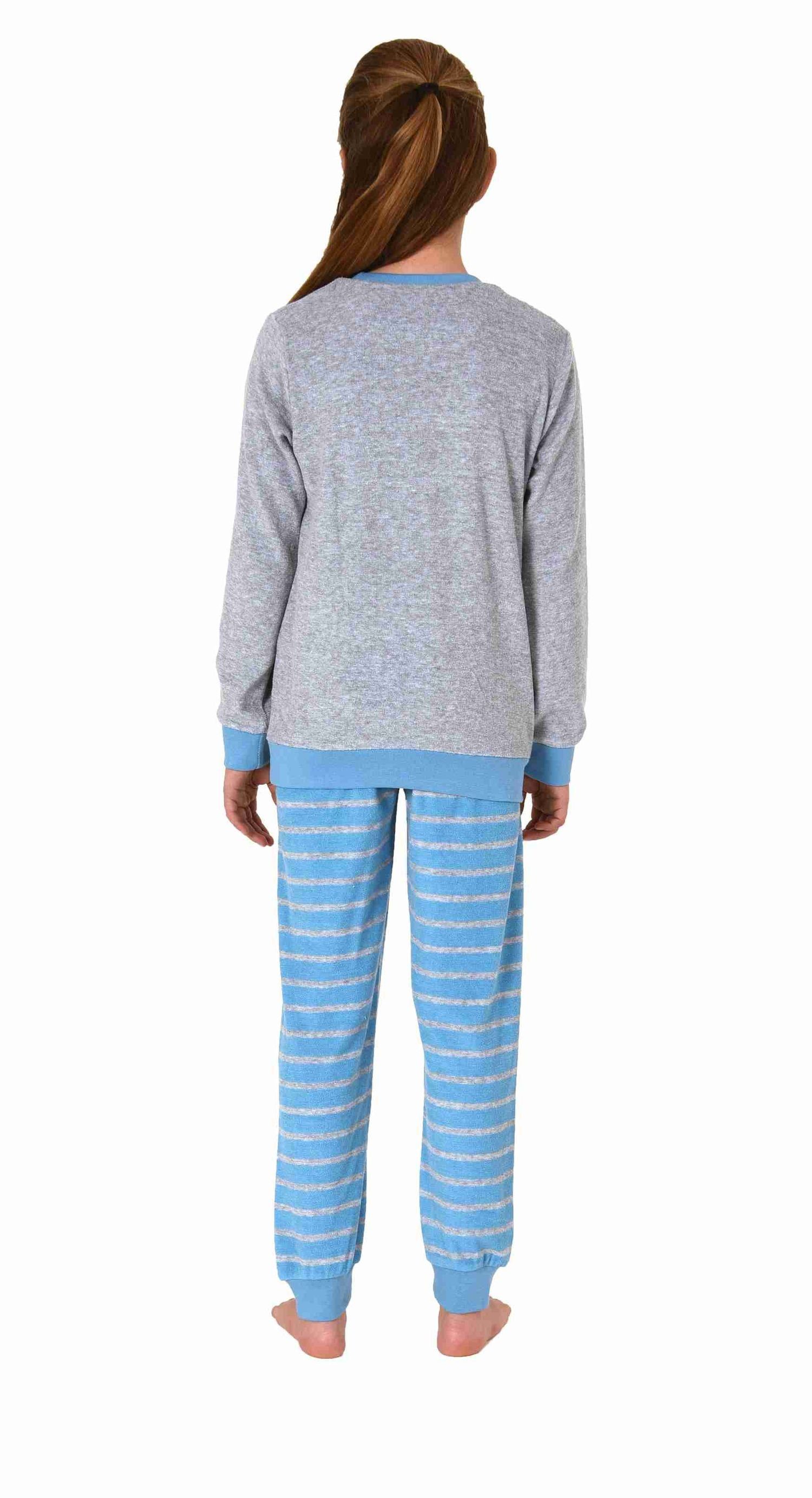 Mädchen Frottee blau Normann mit Bündchen Schlafanzug und Pyjama Pinguin-Stickerei