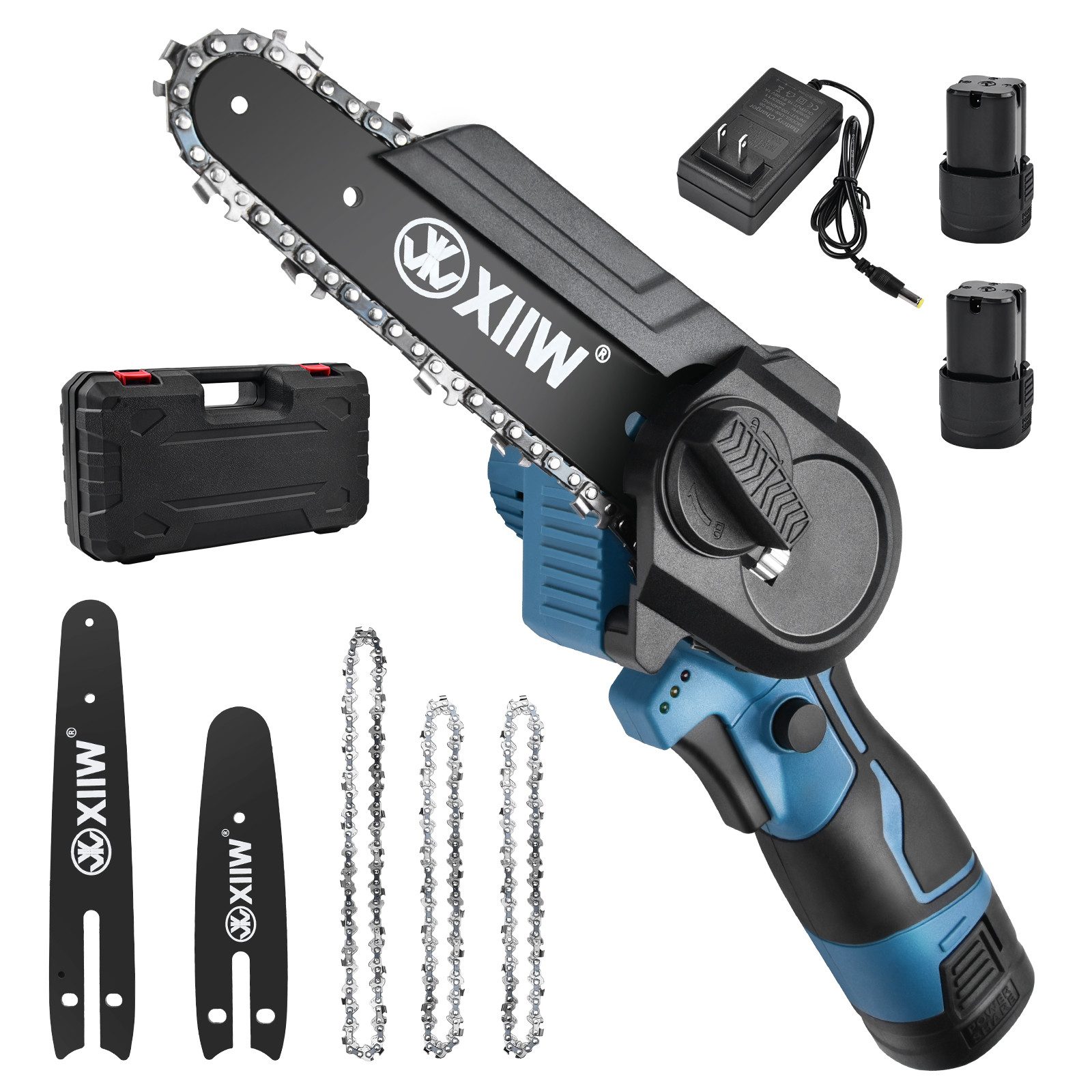XERSEK Akku-Kettensäge 11-tlg Mini Einhandsäge mit 2 Akkus, 4"+6" Handsäge Schneidsäge 350W, Führungsschiene 10cm & 15cm, Leerlauf 3500 U/min, Tragbare Elektro Kettensäge Akku-Säge für Garten Holz Äste DIY-Projekt
