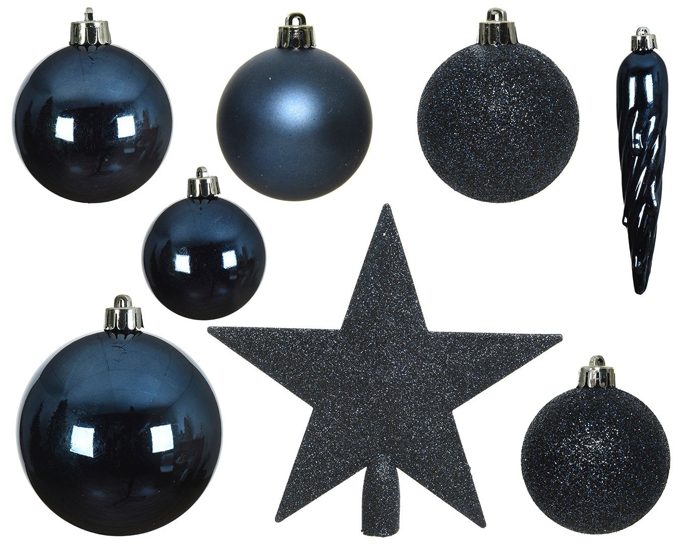 Decoris season decorations nachtblau, Weihnachtsbaumkugel, mit Set Kunststoff Christbaumstern 33er Weihnachtskugeln