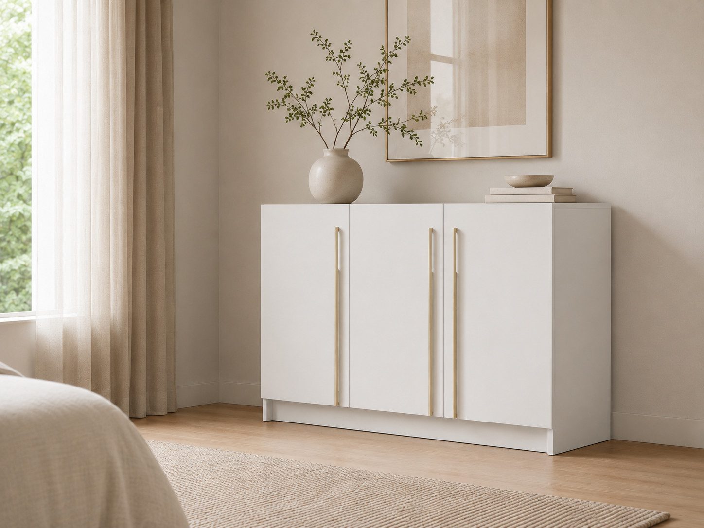 MOEBLO Kommode Glamy 3D (Elegante 3-türige Kommode mit viel Stauraum, geräumigen Einlegeböden und goldfarbenen Griffen – Ideal für Schlafzimmer oder Wohnzimmer, Sideboard Wohnzimmer Kommode Schlafzimmer Komodenschrank Highboard), (BxHxT): 135 cm x 94 cm x 45 cm