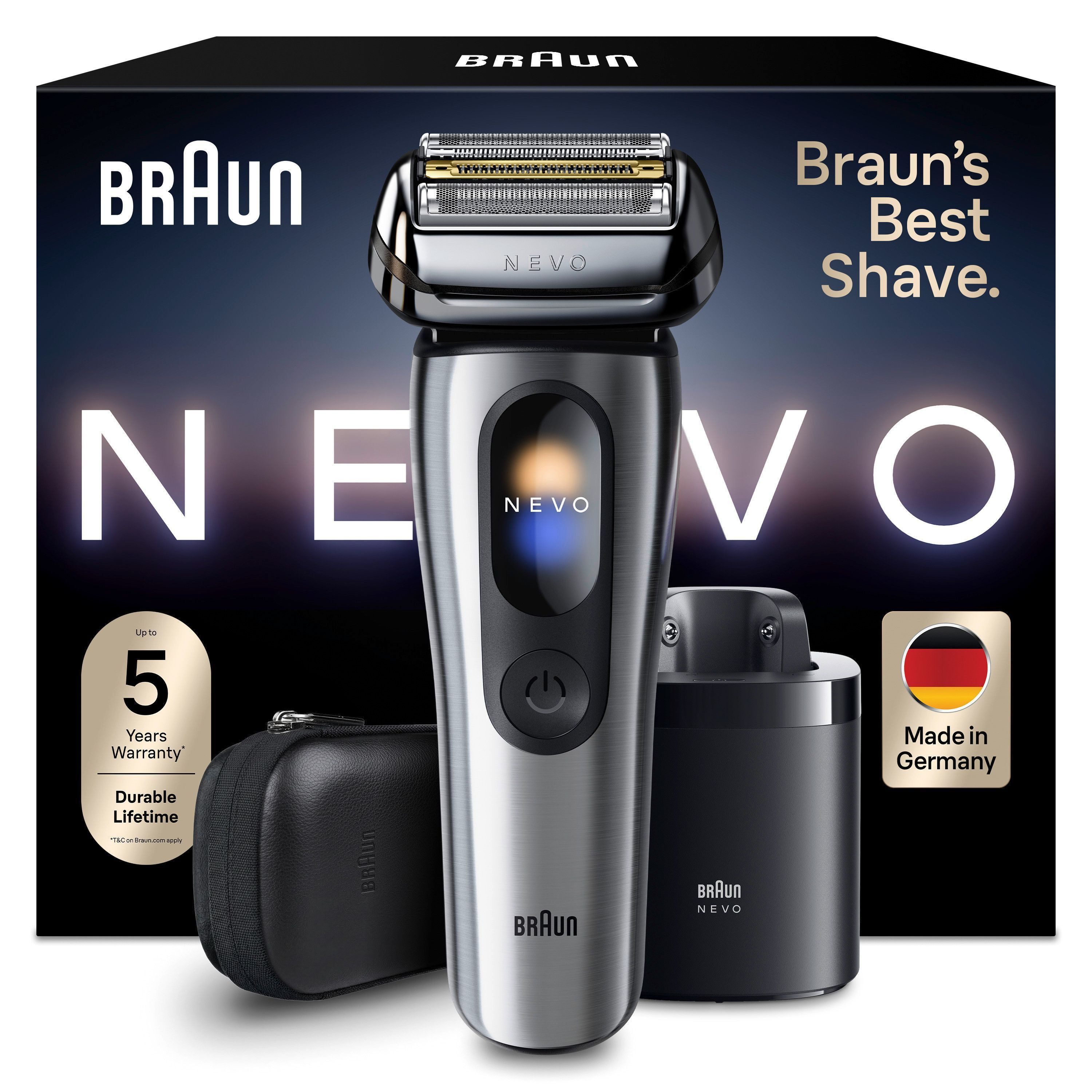 Braun Elektrorasierer NEVO 15000cc, SmartClean-Plus-Reinigungsstation, integrierter Präzisionstrimmer, AeroTouch, Smart Display, 7-in-1 Care System, Reiseetui, Silber