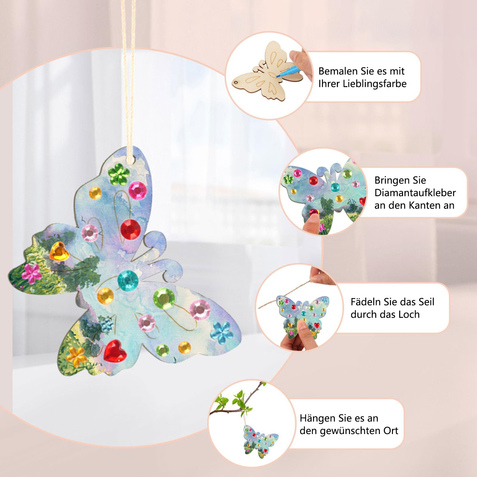 FOUORTUNATE-BEE Kreativset 40 Stück Bastelset Kinder Schmetterling und Blume, (mit Aquarellstift & Edelsteinaufkleber Deko Schnur, 40-tlg., Basteln Kindergeburtstag für DIY Geburtstag Basteln Kinder)