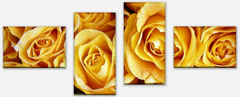 wandmotiv24 Mehrteilige Bilder Gelbe Rosen, Blumen und Pflanzen (Set, 4 St), Wandbild, Wanddeko, Leinwandbilder in versch. Größen
