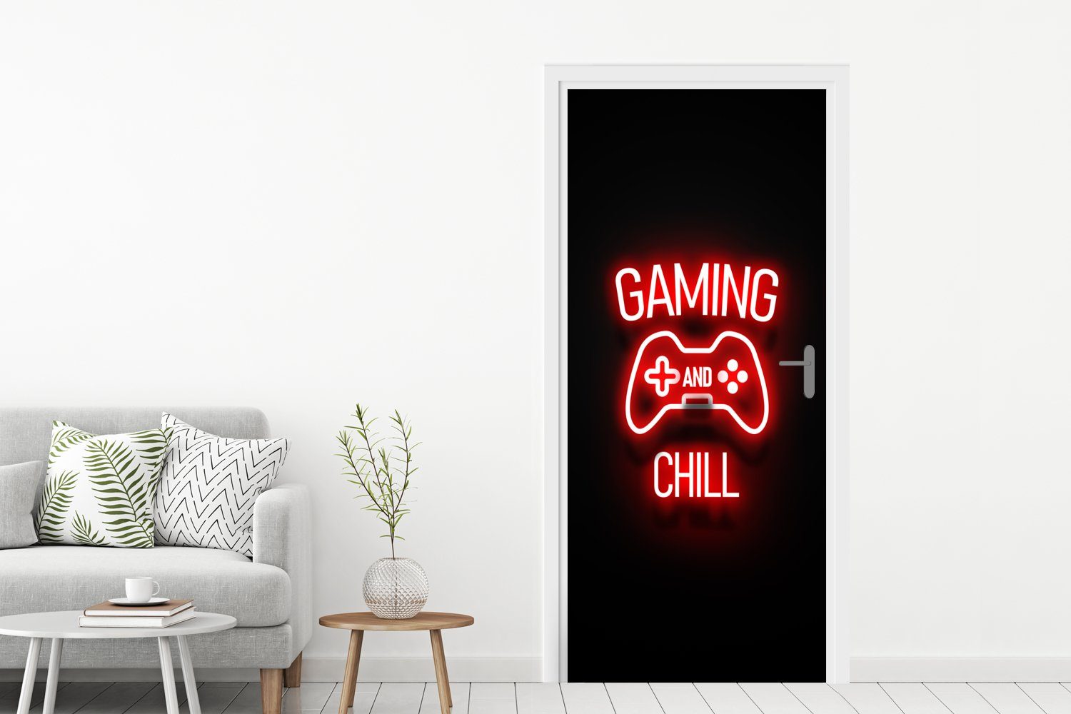 75x205 St), cm bedruckt, für - (1 Chillen Matt, Fototapete Rot, Zitate Gaming Neon - Türaufkleber, und Türtapete - - Gaming Tür, MuchoWow